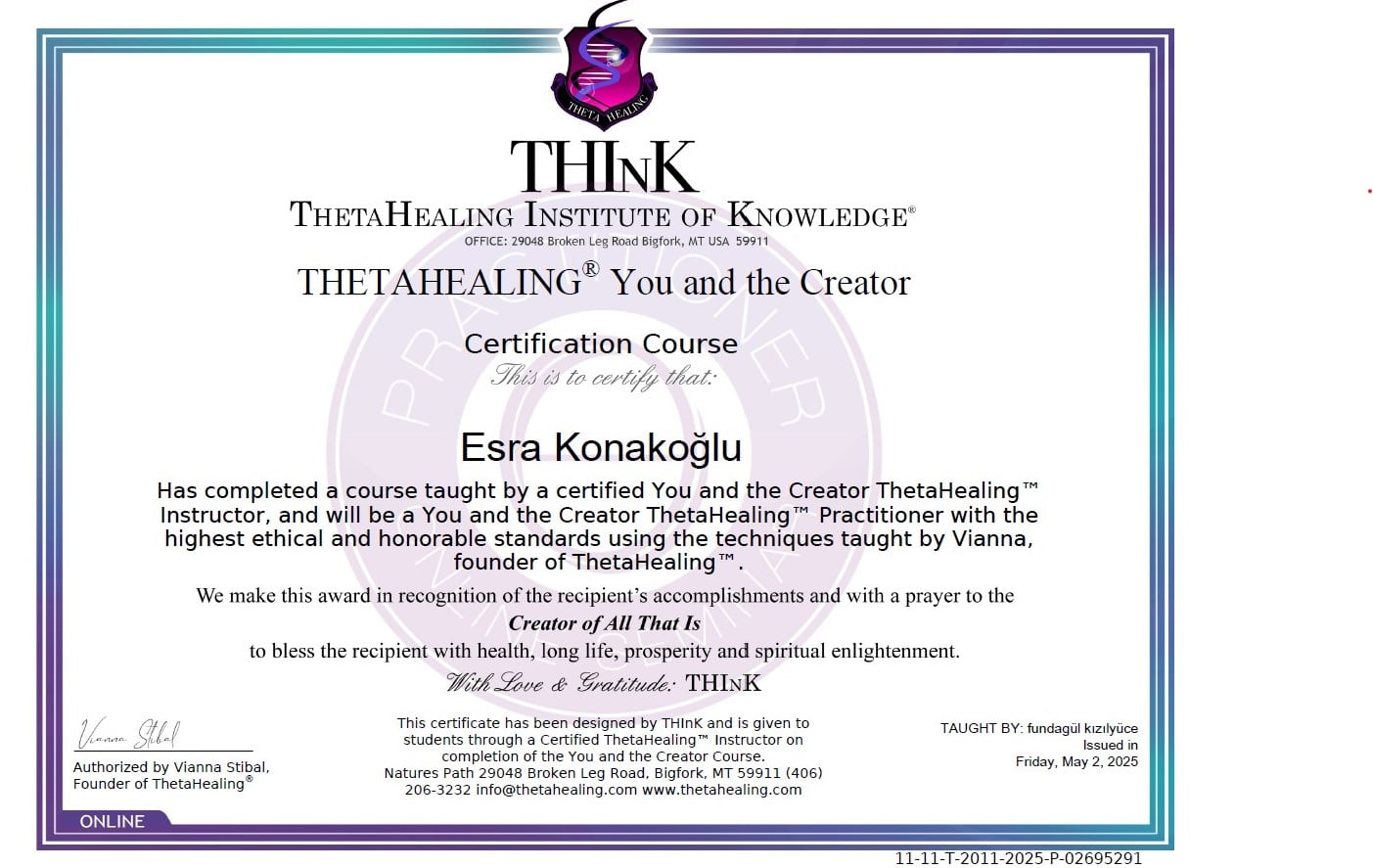 ThetaHealing Sen ve Yaratıcı Setifikası