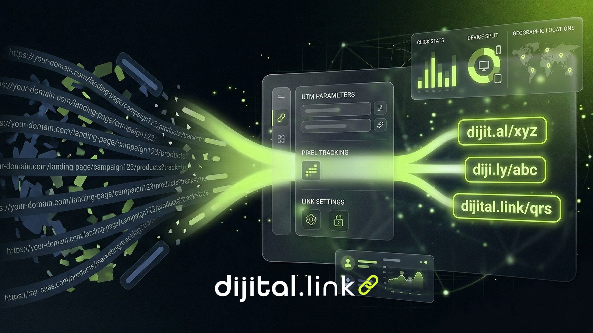 Linkleri kısaltma ve link yönetimi konseptini temsil eden, kısa URL oluşturma ve analiz paneli görselleri içeren modern dijital arayüz