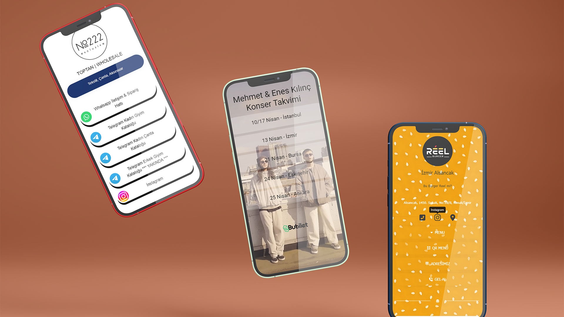 Bir akıllı telefon ekranında modern ve şık bir bio link sayfası tasarımı gösteriliyor. Sayfada düzenli ikonlar, marka renkleriyle uyumlu bir tema ve net CTA butonları mevcut. Estetik ve kullanıcı dostu bir arayüz vurgulanıyor.