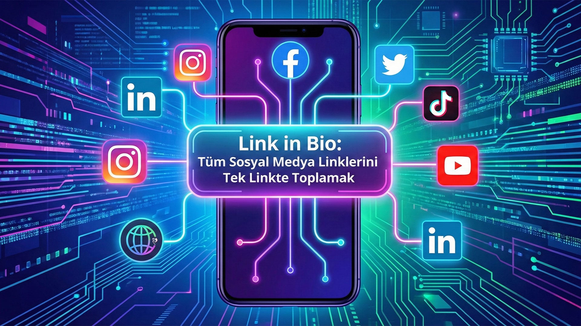 Bir akıllı telefon ekranı üzerinde, farklı sosyal medya ikonlarının (Instagram, TikTok, YouTube) tek bir merkezi bağlantı noktasına yani 'link in bio' sayfasına aktığını gösteren, teknolojik ve modern bir dijital illüstrasyon.