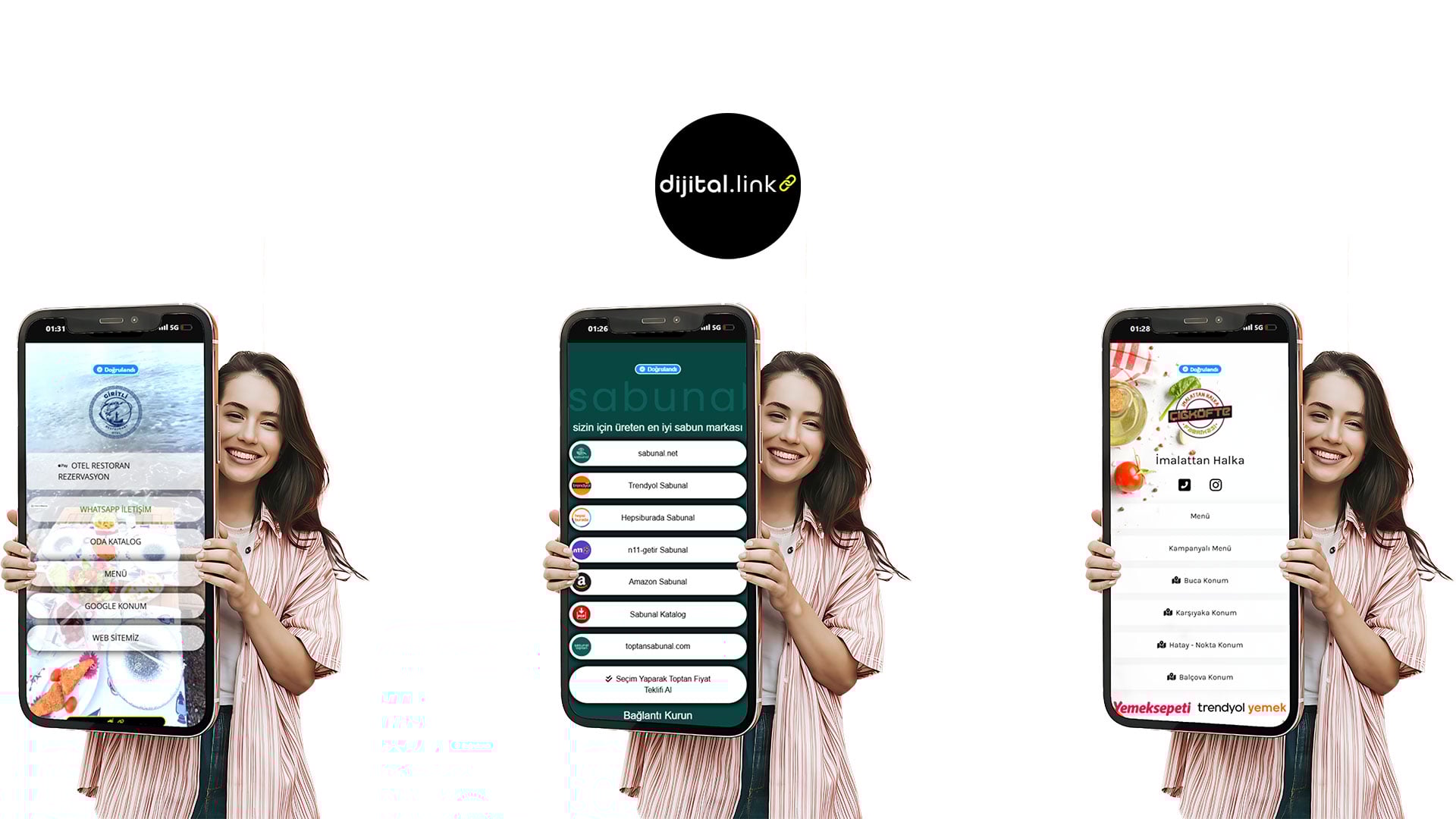3 adet akıllı telefon ekranında, farklı sektörlerden (e-ticaret, blog, YouTube, podcast) birçok ikonun birleştiği bir bio link sayfası gösteriliyor. Stratejik kullanım ve çeşitliliği simgeleyen renkli ve dinamik oklar etrafında dönüyor.