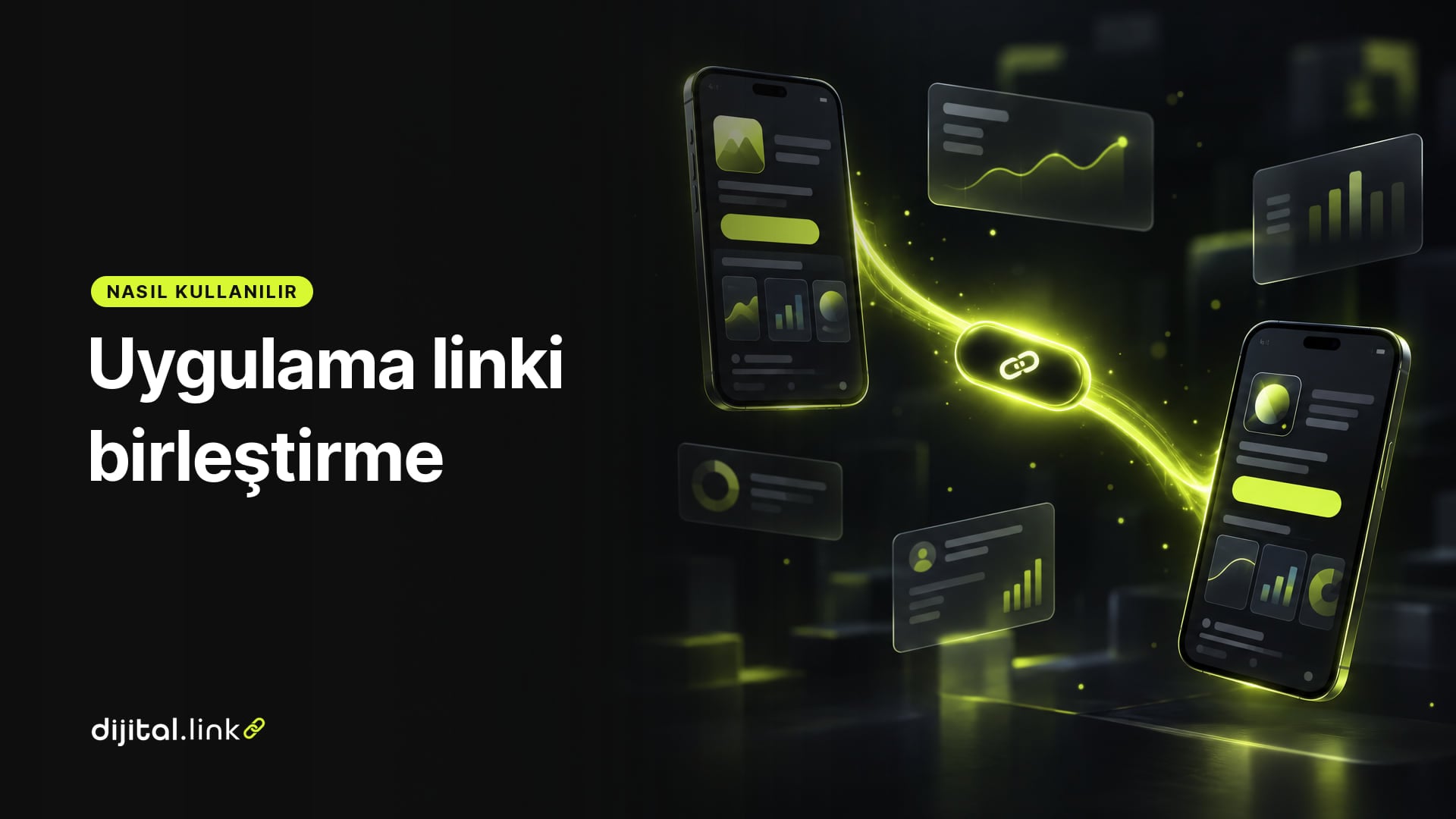İki farklı telefonun tek bir link kapsülünden çıkan iki ışık yoluyla farklı uygulama mağazası ekranlarına ulaştığını gösteren çizim