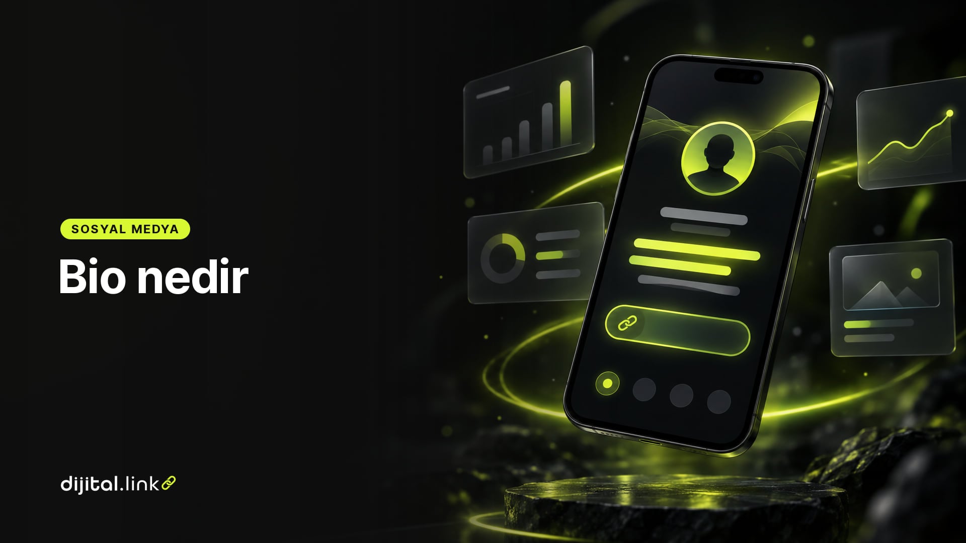 Bir telefon ekranındaki profil kartında kısa tanıtım yazısının ve altındaki bağlantı butonunun vurgulandığını gösteren çizim