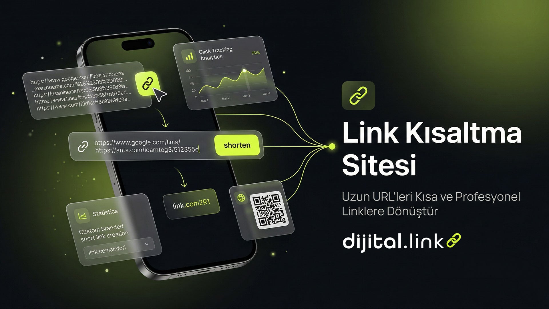 Modern bir dijital çalışma ortamında, ekran üzerinde kısa ve düzenli bağlantılar gösterilen profesyonel bir link kısaltma platformu arayüzü.