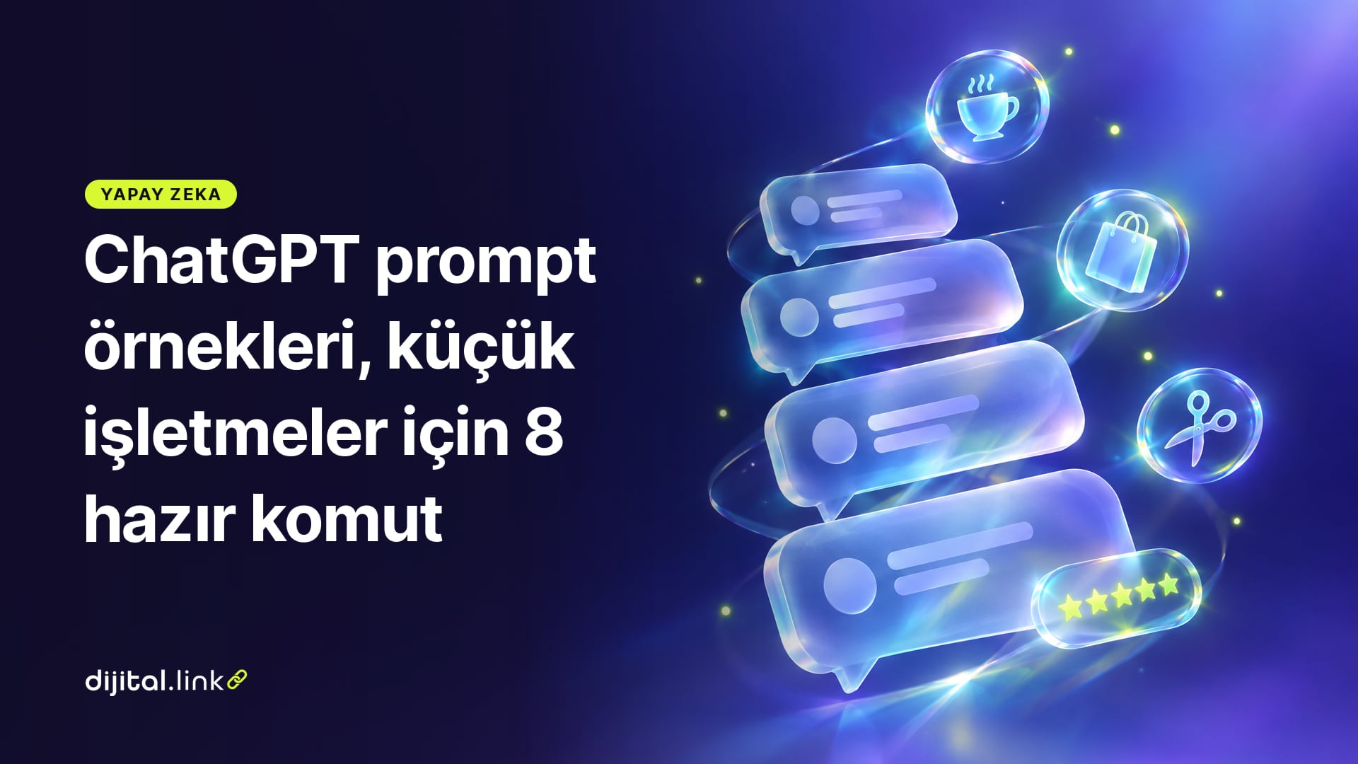 Yarı saydam cam sohbet balonlarından çıkan ışığın küçük işletme simgelerine dönüştüğü mor tonlu soyut çizim
