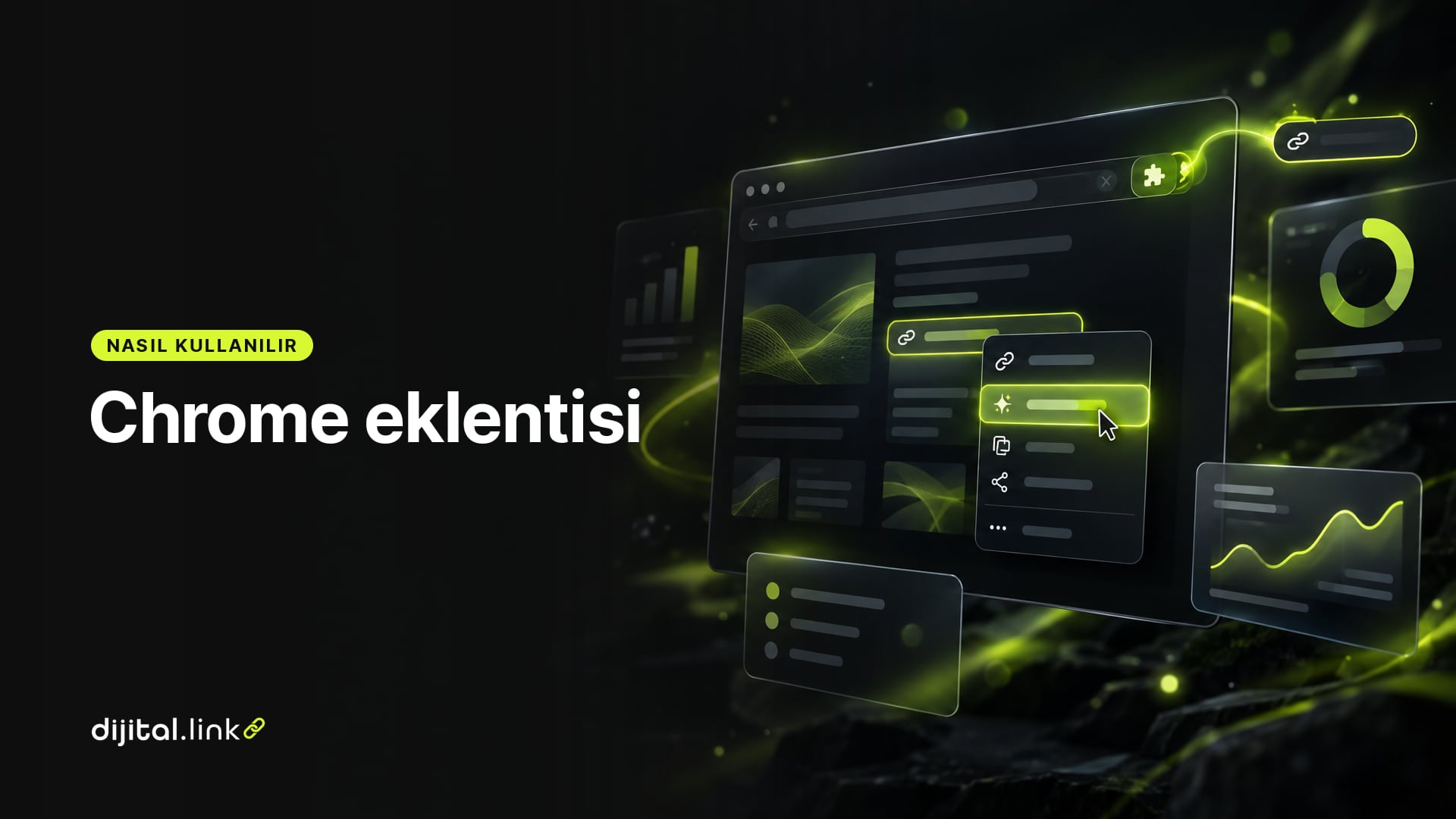 Bir tarayıcı penceresinde sağ tık menüsünden bir linkin kısa linke dönüştüğünü gösteren çizim