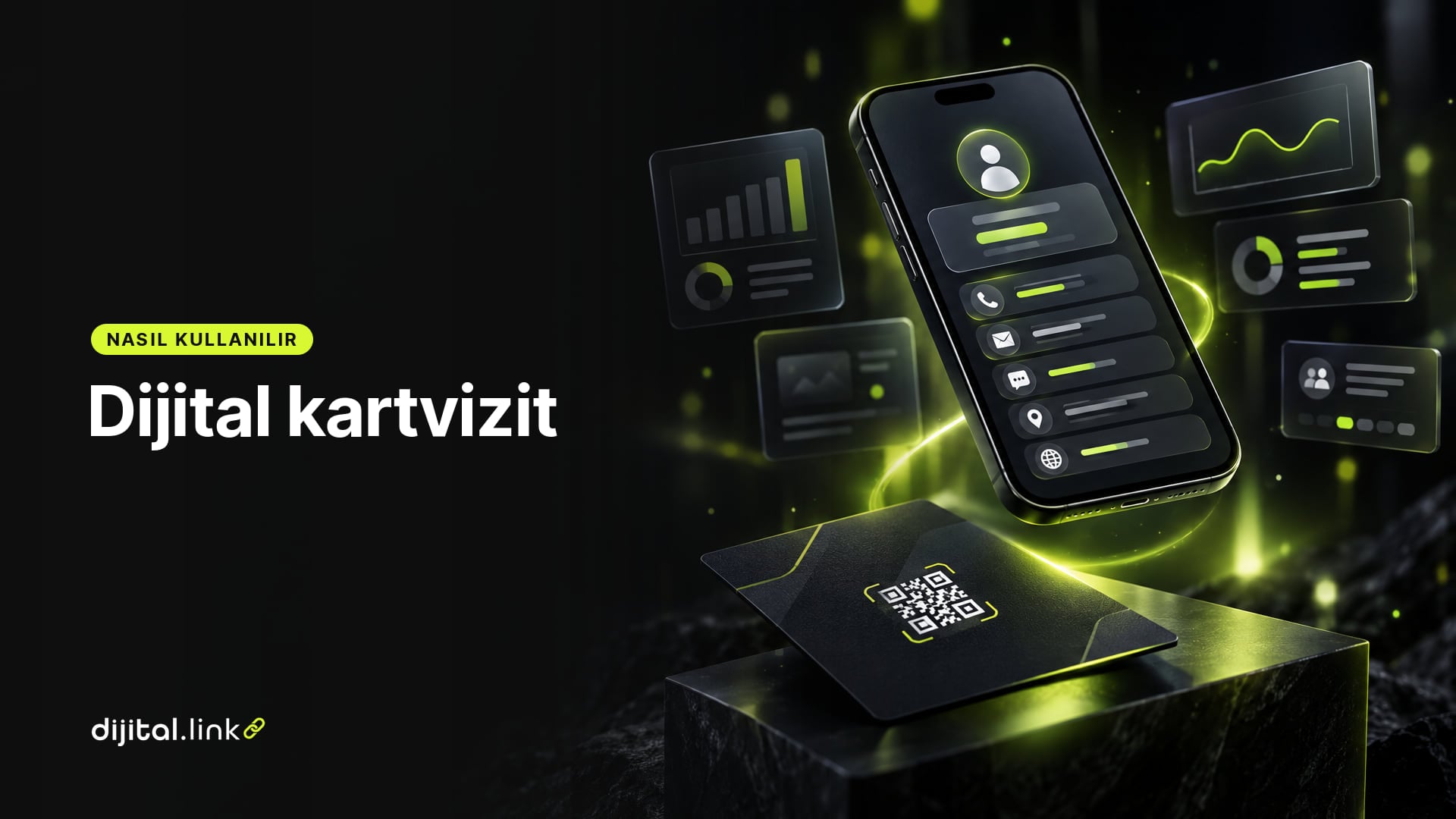Bir kartvizitin arkasındaki QR kodu okutan telefonda açılan kişi kartını gösteren çizim