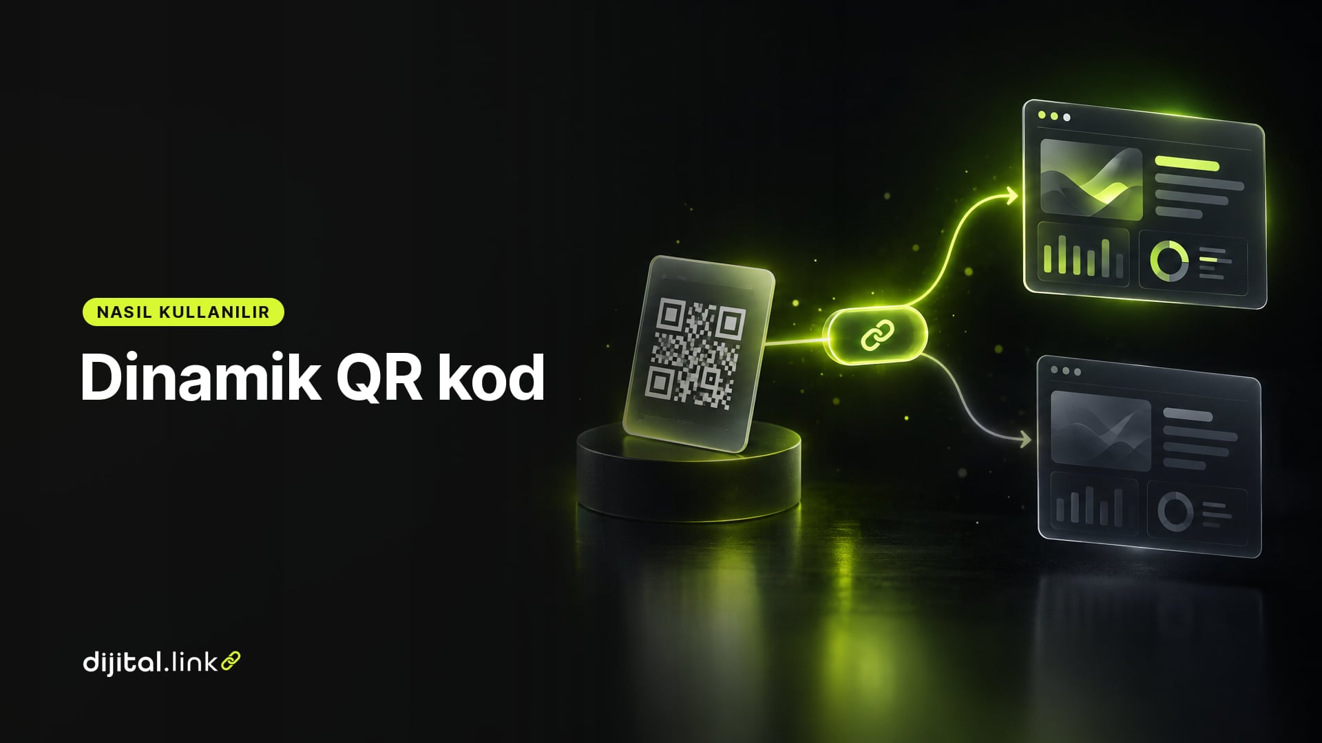 Basılı bir QR kodun arkasındaki kısa link kapsülünden farklı hedef sayfalara uzanan değişen ışık yollarını gösteren çizim