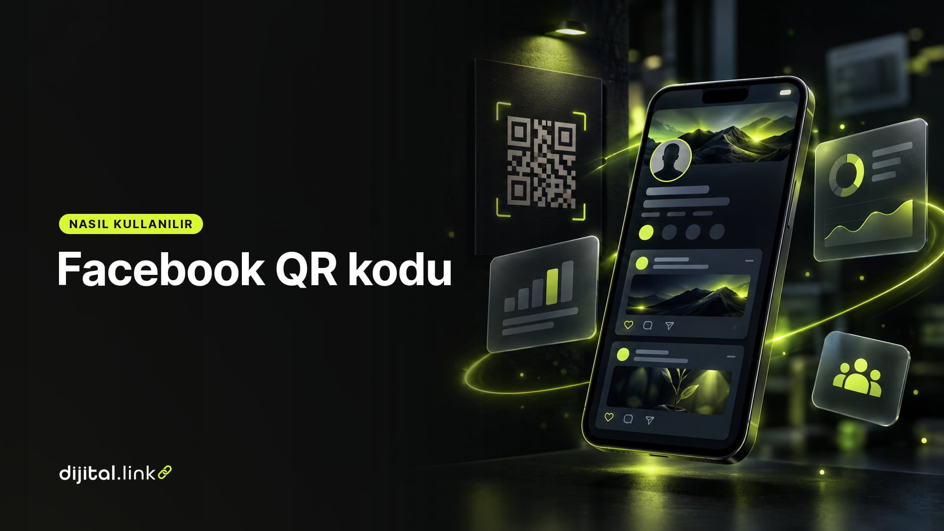 Bir afişteki QR kodunu okutan telefonda bir sosyal profil sayfasının açıldığını gösteren çizim