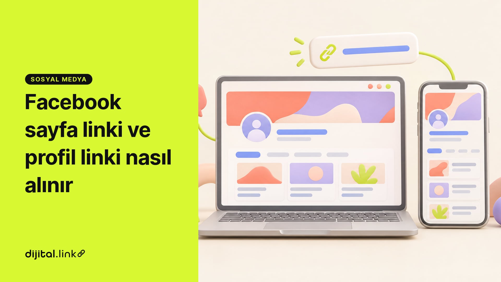 Dizüstü bilgisayar ve telefonda aynı işletme sayfası, üstte zincir simgeli bir adres çubuğu kartı iki ekrana bağlanıyor