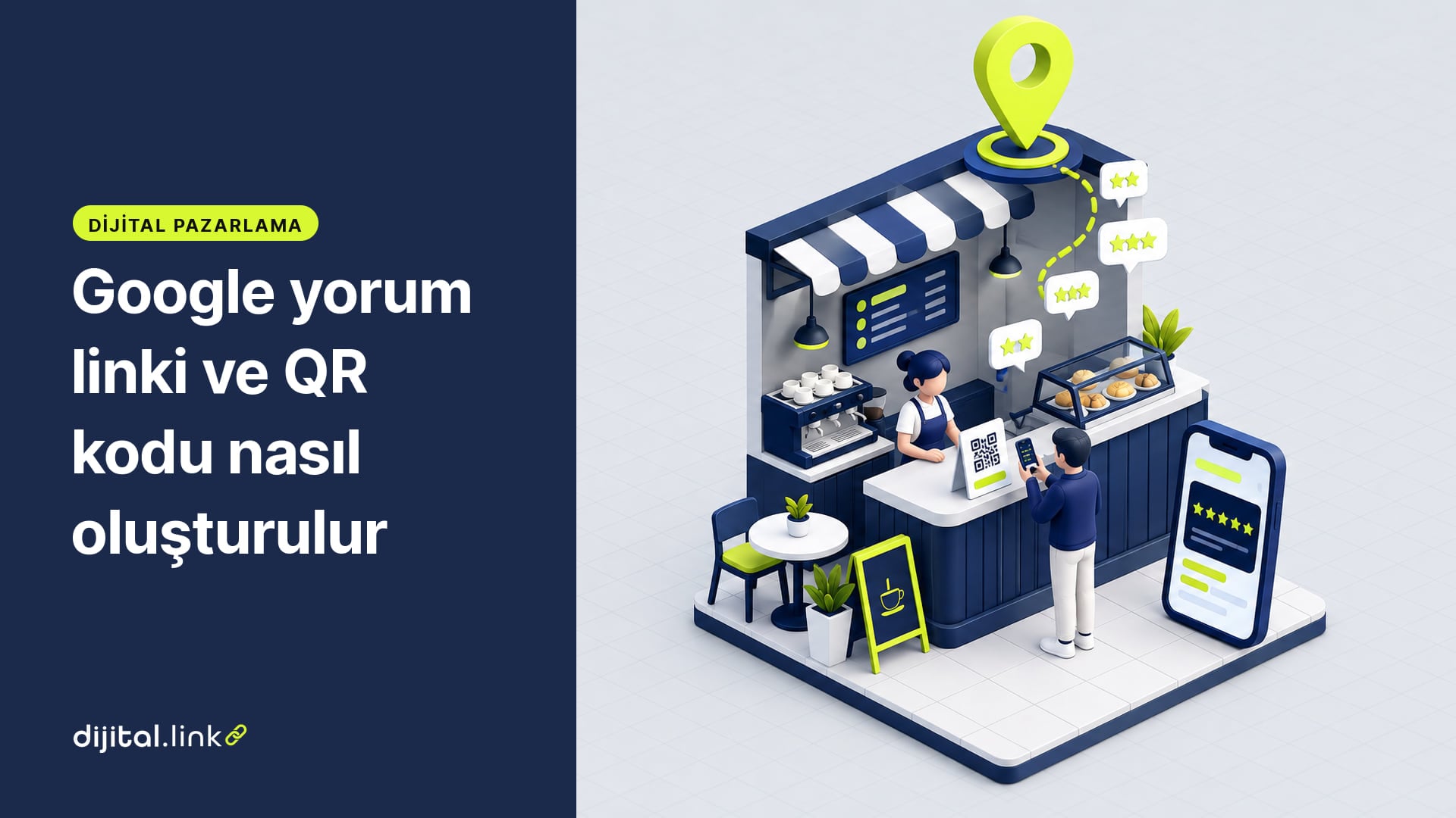 Bir kafenin kasasında duran yorum QR kartını okutan müşterinin telefonunda yıldızlı değerlendirme ekranı
