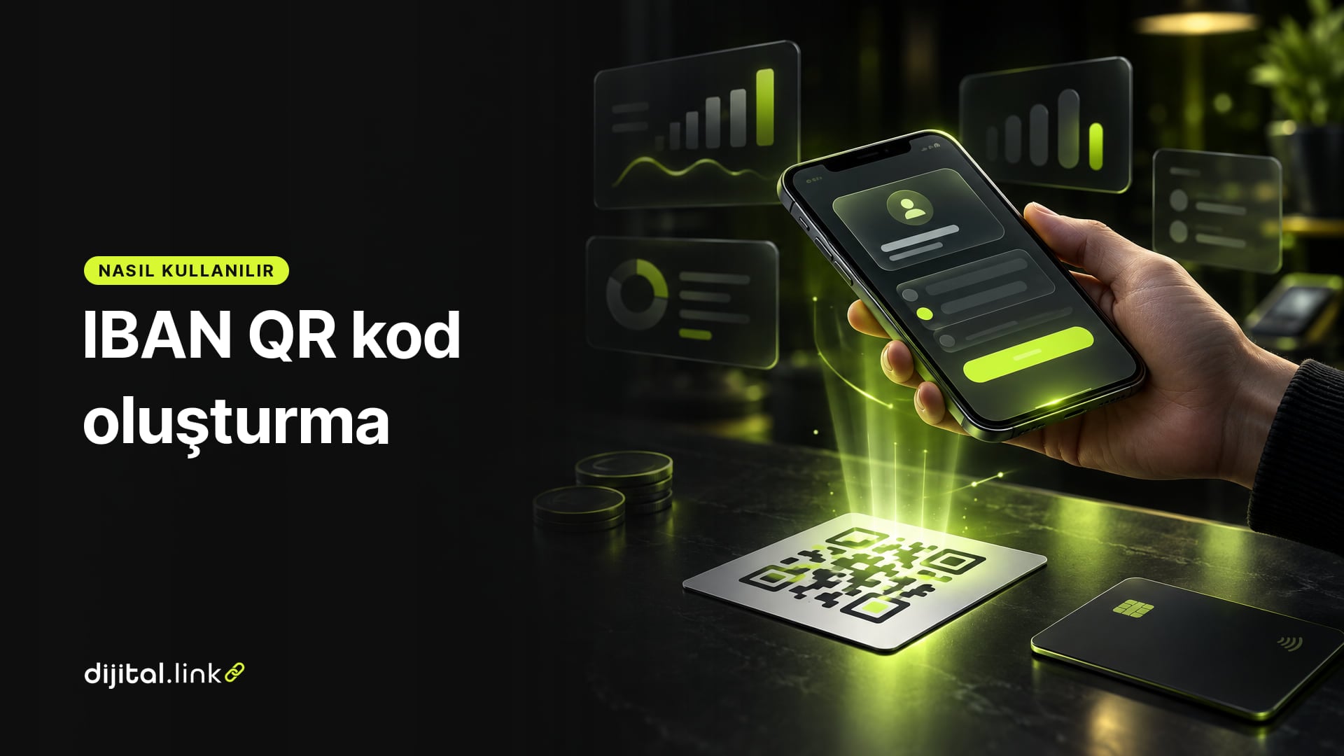 Tezgâhtaki bir QR kodu okutan telefonda açılan havale ekranını gösteren çizim