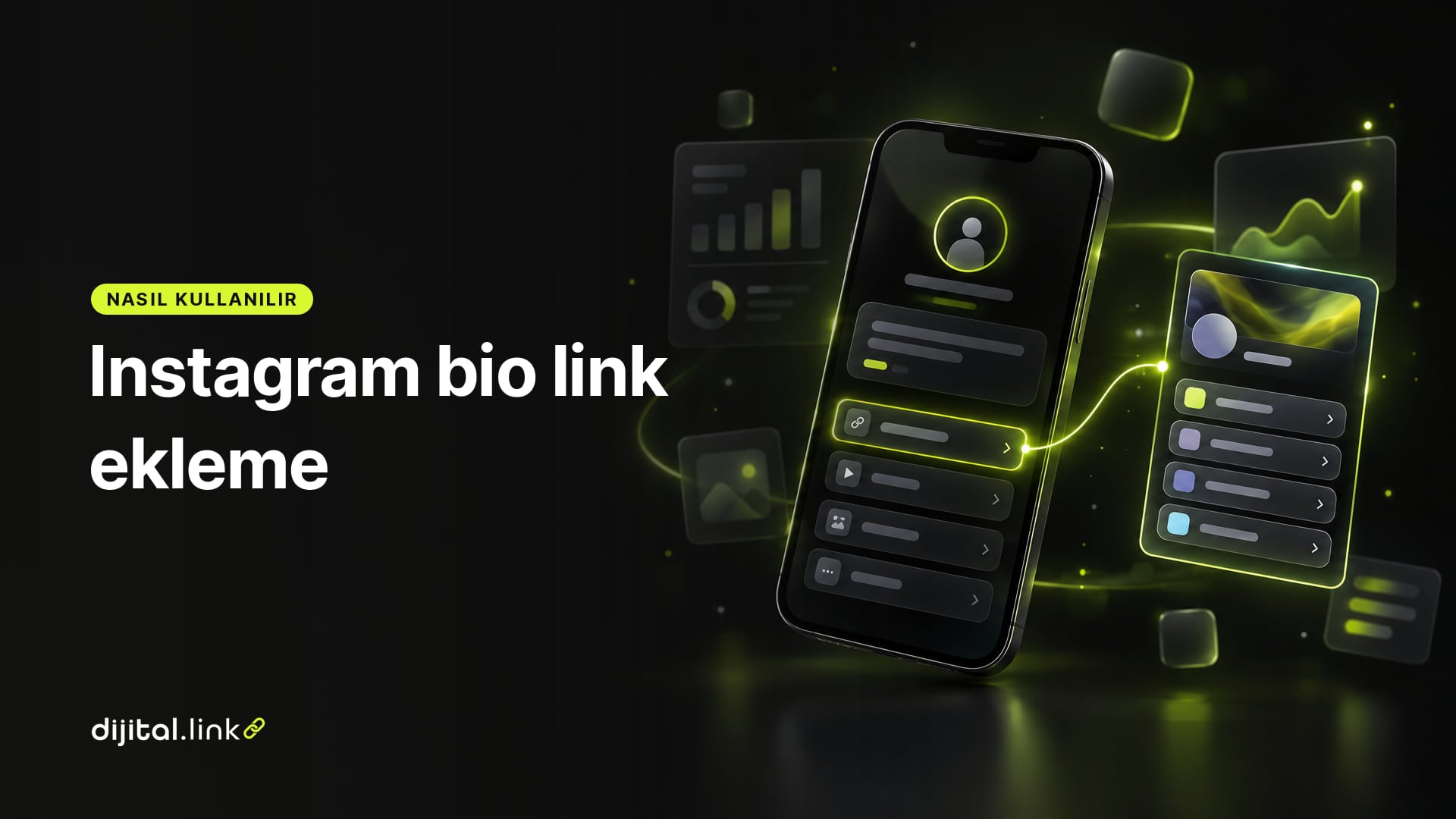 Telefondaki bir profil ekranında bağlantılar bölümünden bio link sayfasına uzanan ışık çizgisini gösteren çizim