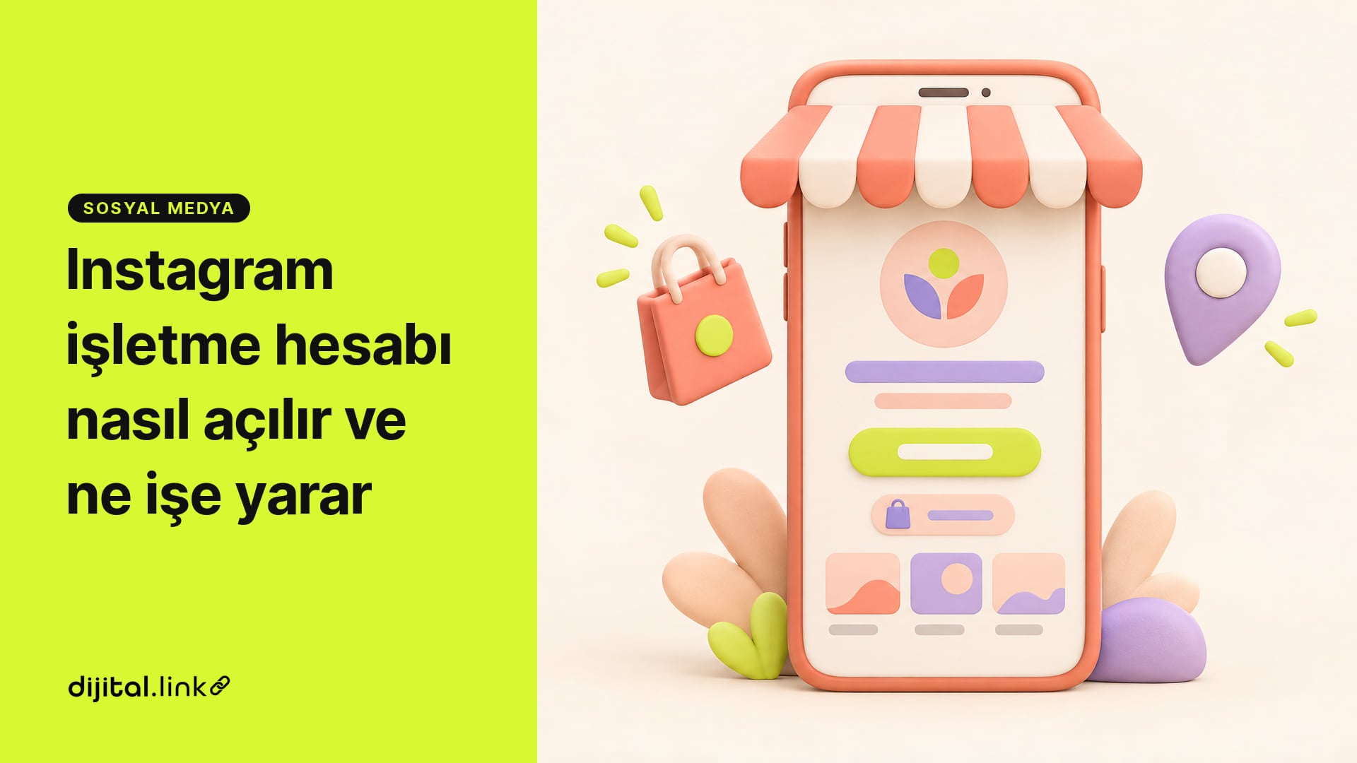 Telefonun üstünden çıkan çizgili tenteli küçük bir mağaza, ekranda işletme profili, iletişim düğmesi ve kategori etiketi