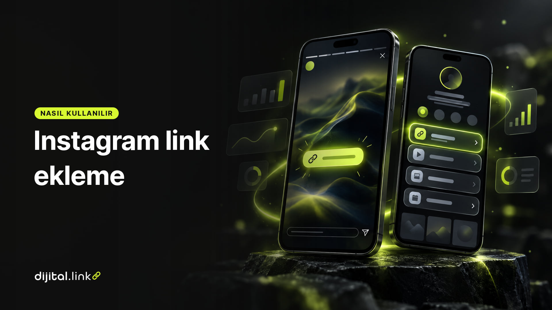 Bir telefondaki hikâye ekranında bağlantı çıkartmasının ve profil bağlantılarının parladığını gösteren çizim