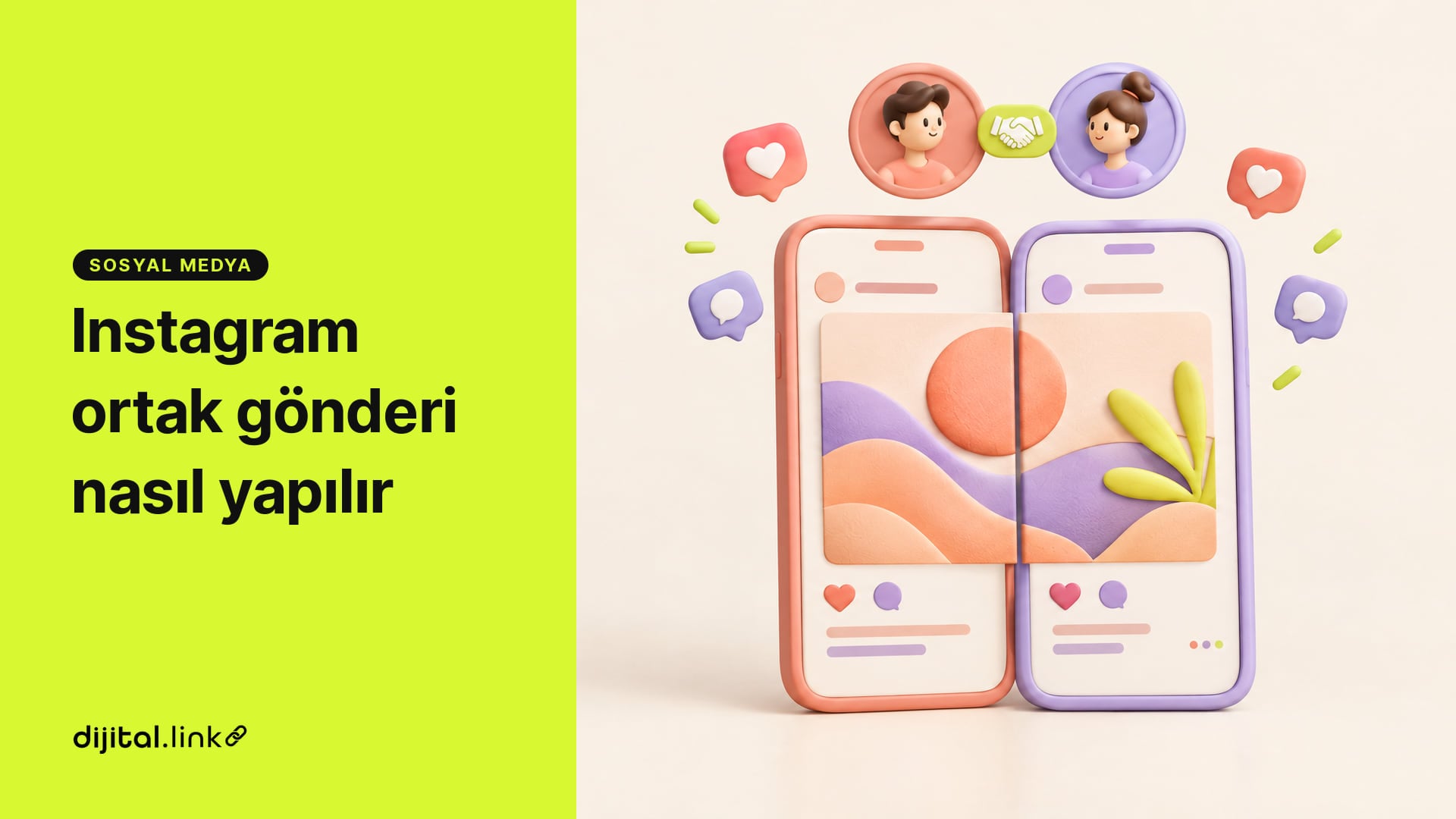 Yan yana duran iki telefonun ekranlarına yayılan tek bir fotoğraf gönderisi, üstte el sıkışma simgesiyle birleşen iki profil avatarı