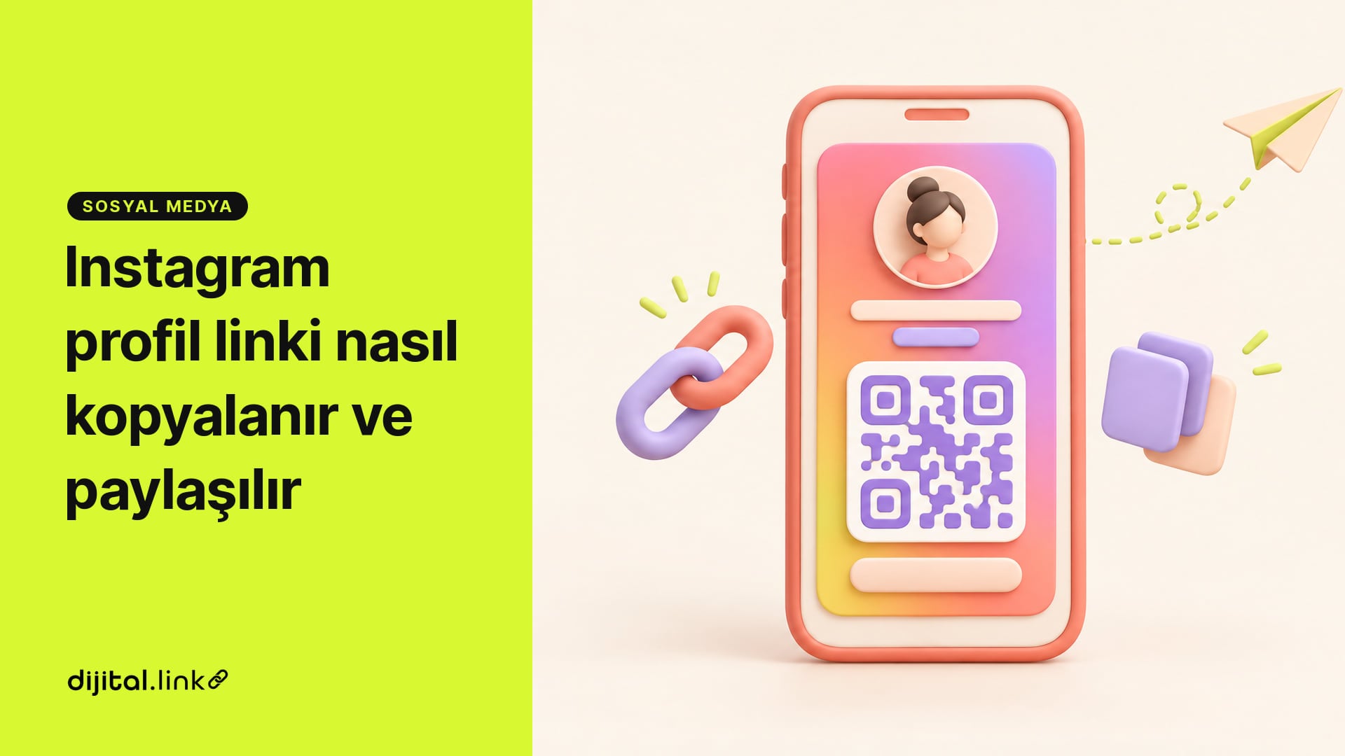 Telefon ekranında avatar ve QR kod bulunan renkli bir profil kartı, yanında zincir halkası, kopyalama simgesi ve kâğıt uçak