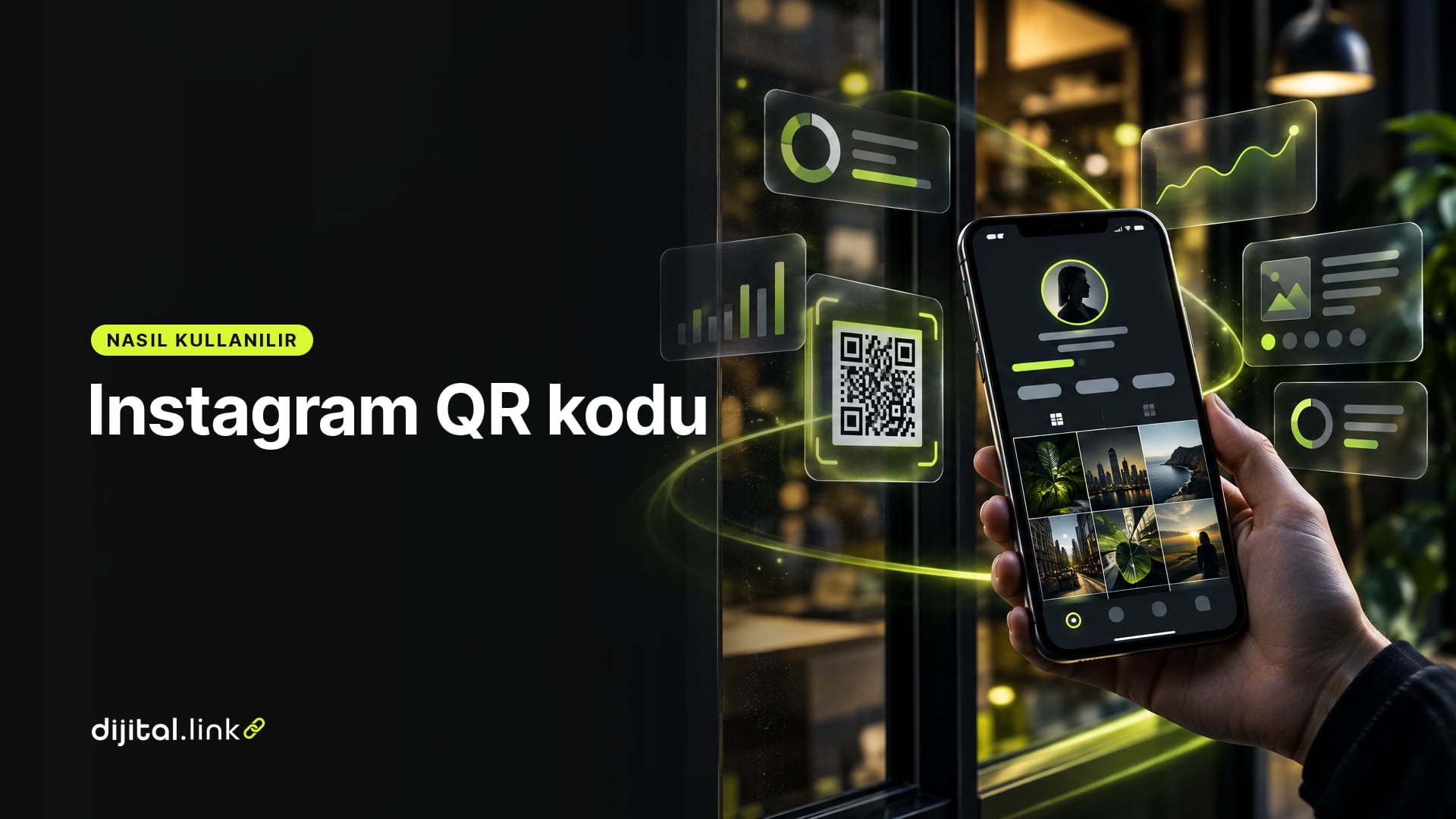 Bir vitrindeki QR kodu okutan telefonda açılan profil sayfasını gösteren çizim