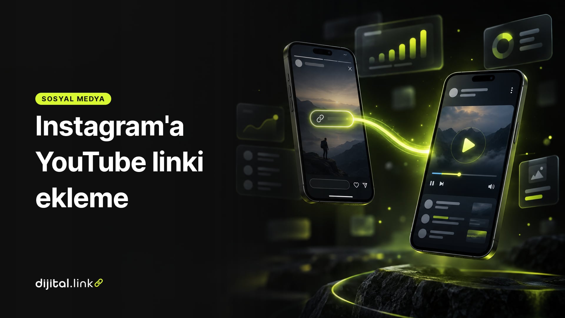 Hikâyedeki bağlantı çıkartmasından video uygulamasına giden ışık izini gösteren iki akıllı telefon