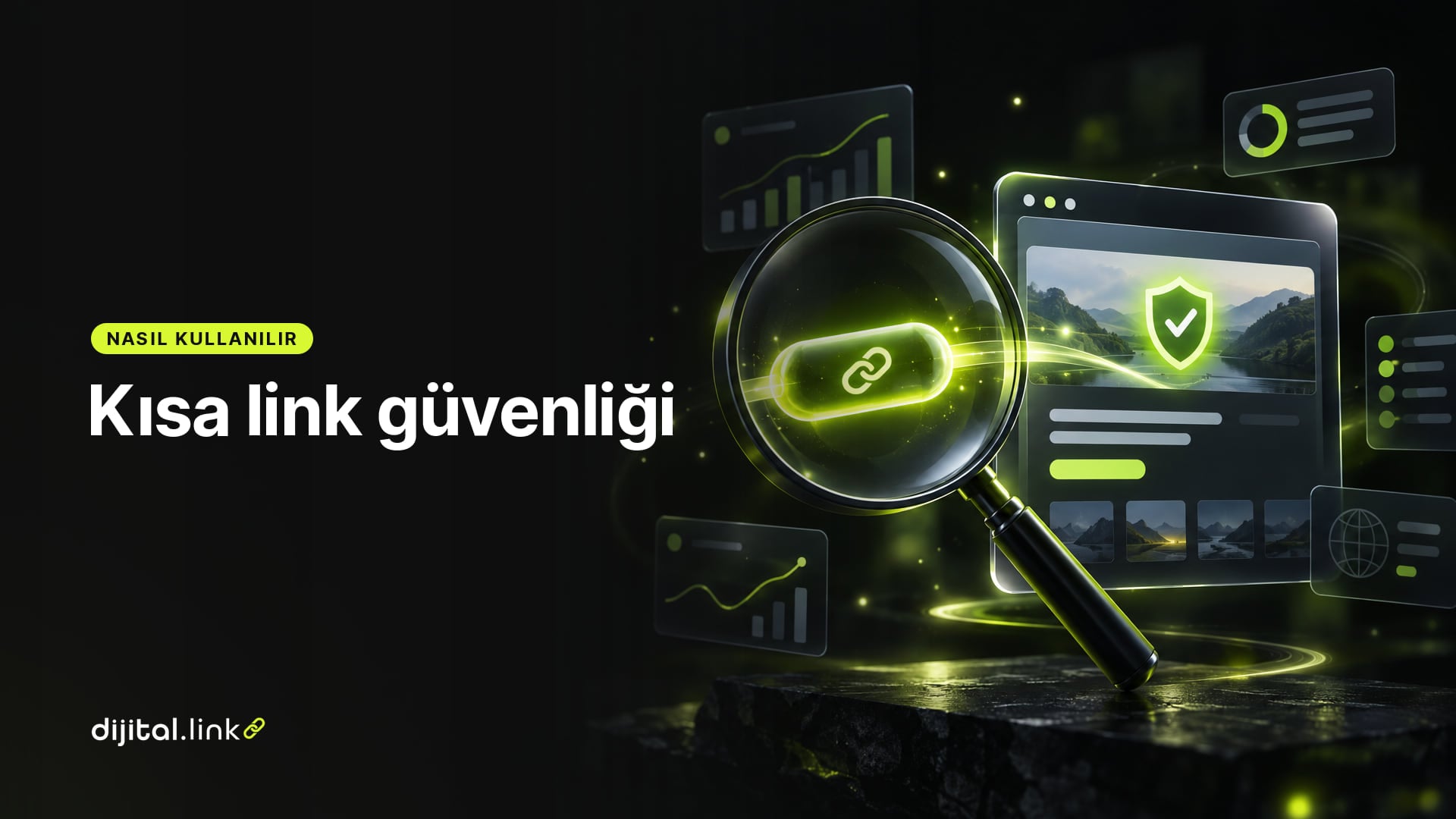 Bir kısa link kapsülünün büyüteçle incelendiğini ve arkasındaki hedef adresin görünür hâle geldiğini gösteren çizim
