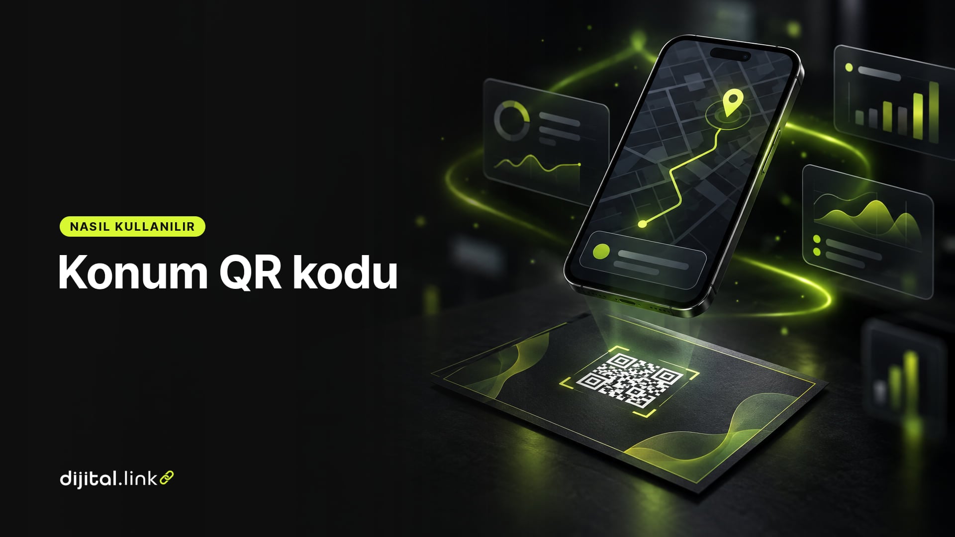 Bir davetiye kartındaki QR kodunu okutan telefonda harita ve konum işaretinin açıldığını gösteren çizim