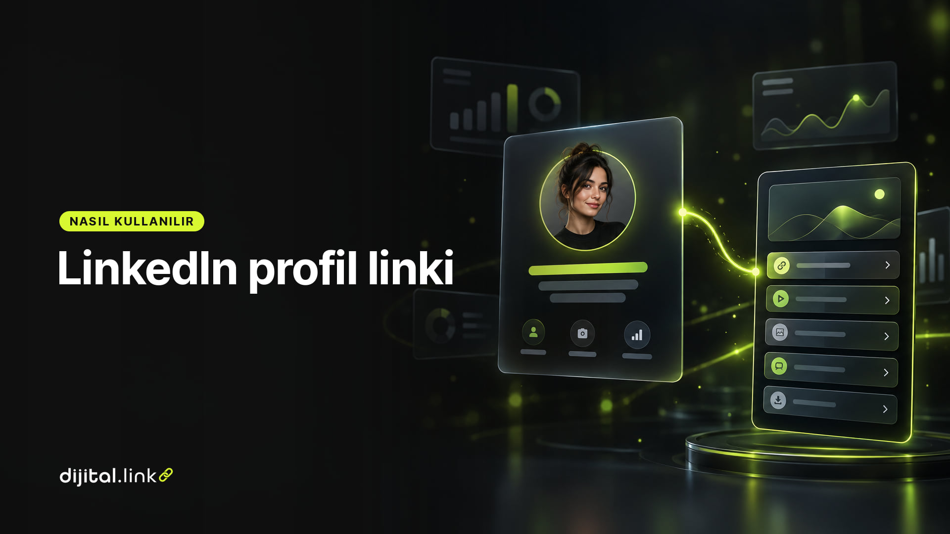Bir profesyonel profil kartından çıkan bağlantının bio link sayfasındaki butonlara uzandığını gösteren çizim