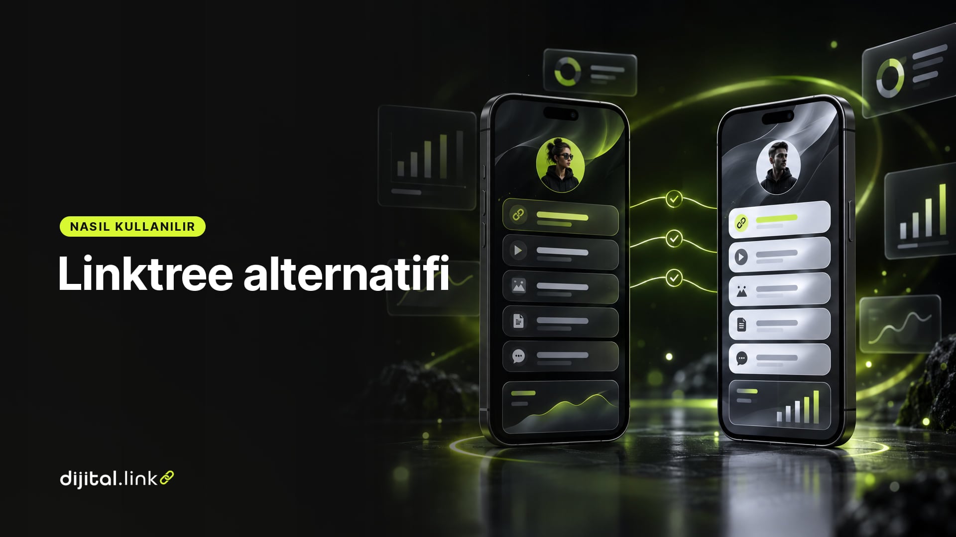 İki farklı bio link sayfası gösteren telefonların yan yana durduğu ve aralarında karşılaştırma çizgileri olan çizim