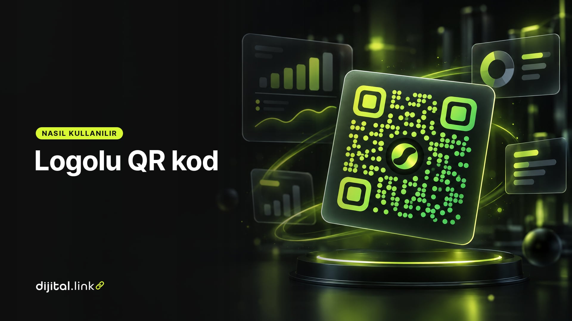 Ortasında soyut bir logo bulunan renkli bir QR kodun basılı bir kartta durduğunu gösteren çizim