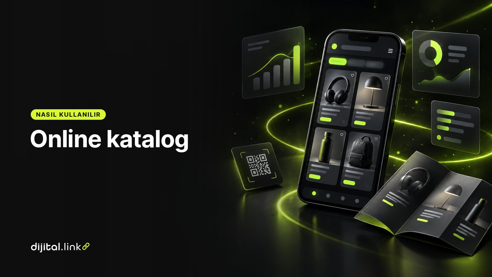 Telefonda fiyat etiketli ürün kartlarının listelendiği bir katalog sayfasını ve yanında QR kartını gösteren çizim