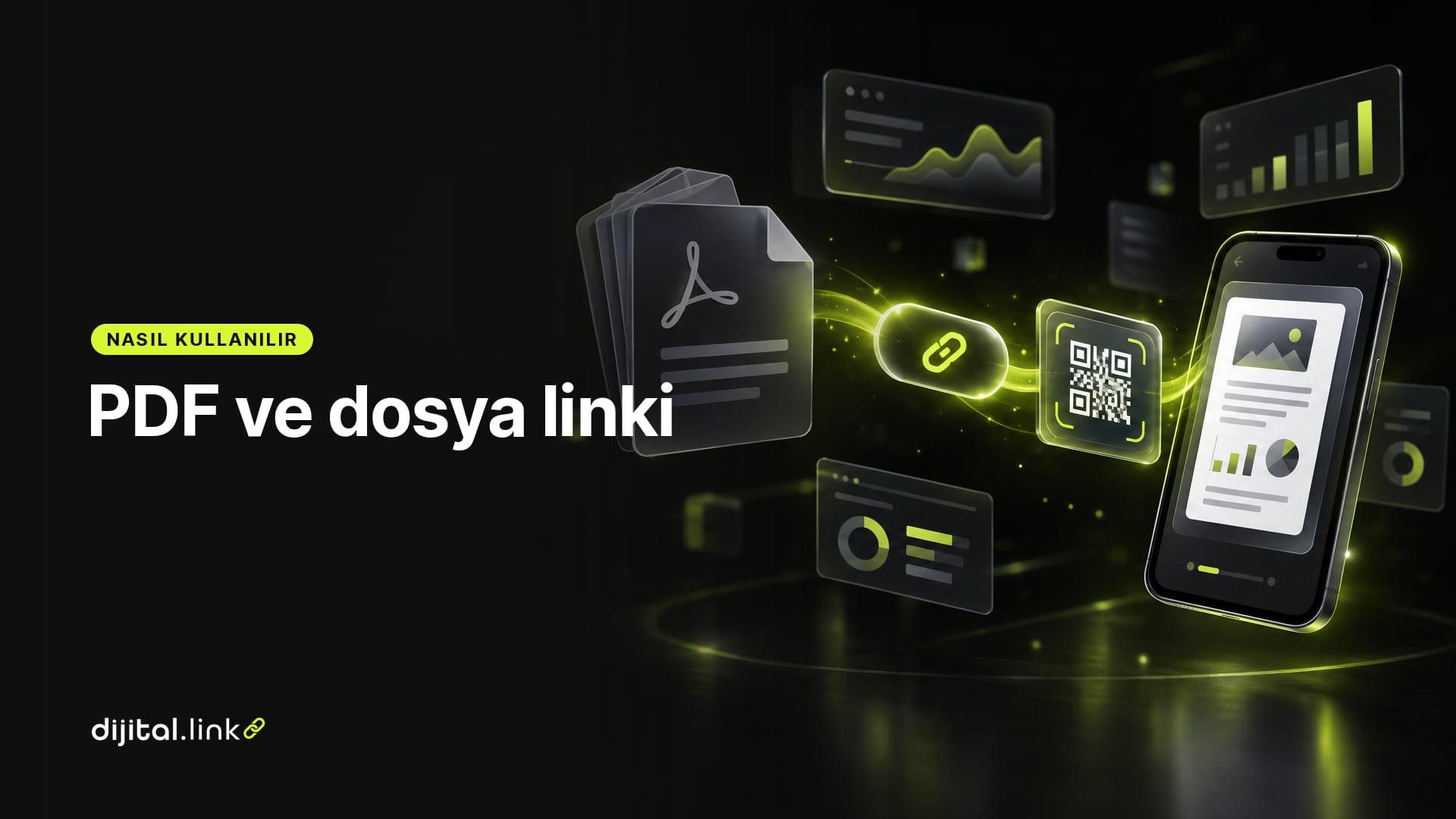 Bir PDF belge simgesinden çıkan bağlantının kısa link kapsülüne ve QR koda dönüştüğünü gösteren çizim