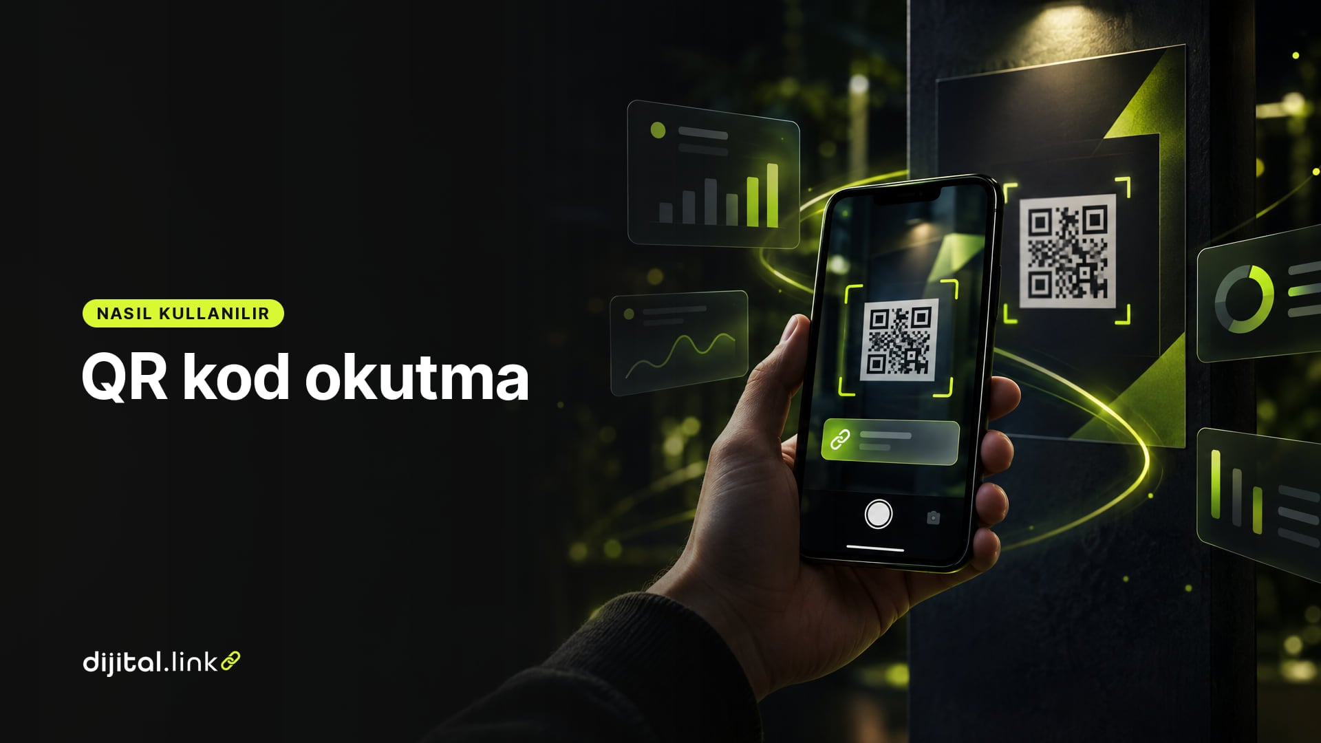 Elinde telefon tutan birinin ekranında QR kod çerçevesi ve açılan bağlantı bildirimini gösteren çizim