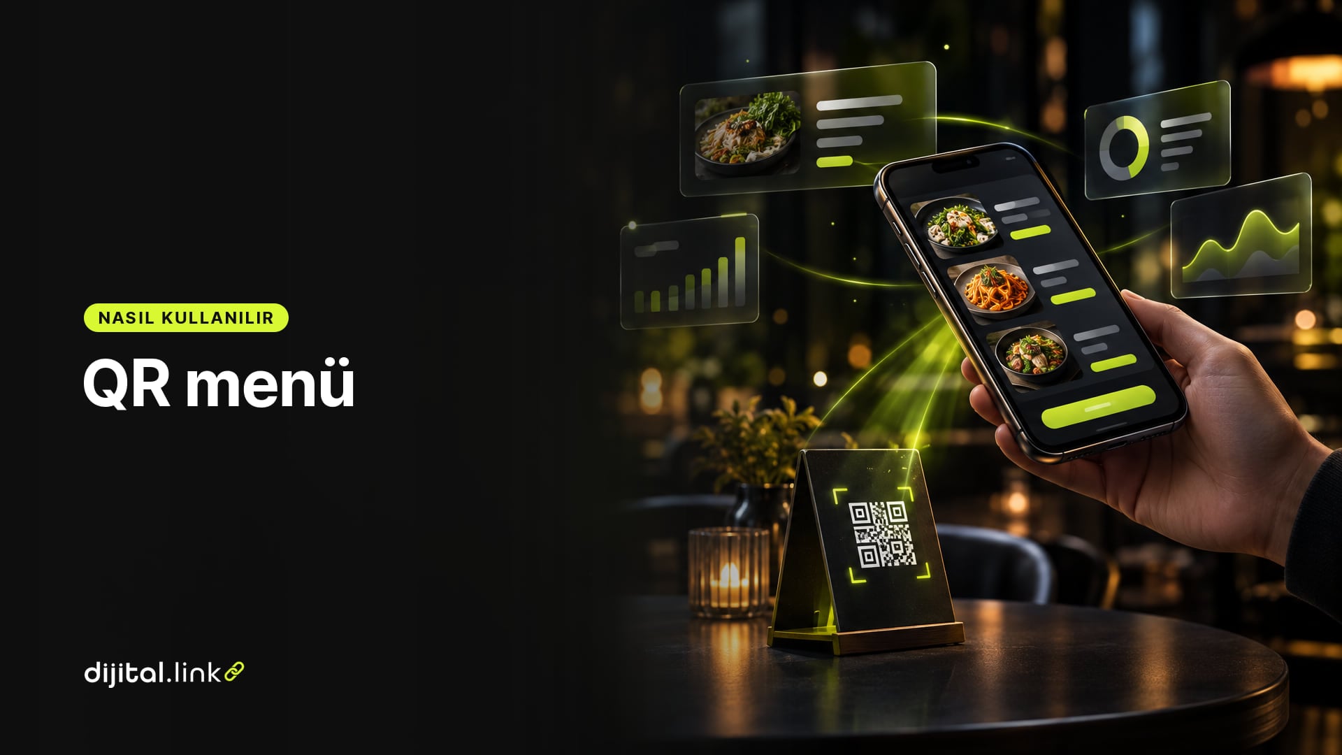 Bir restoran masasındaki QR kartını okutan telefonda açılan menü sayfasını gösteren çizim