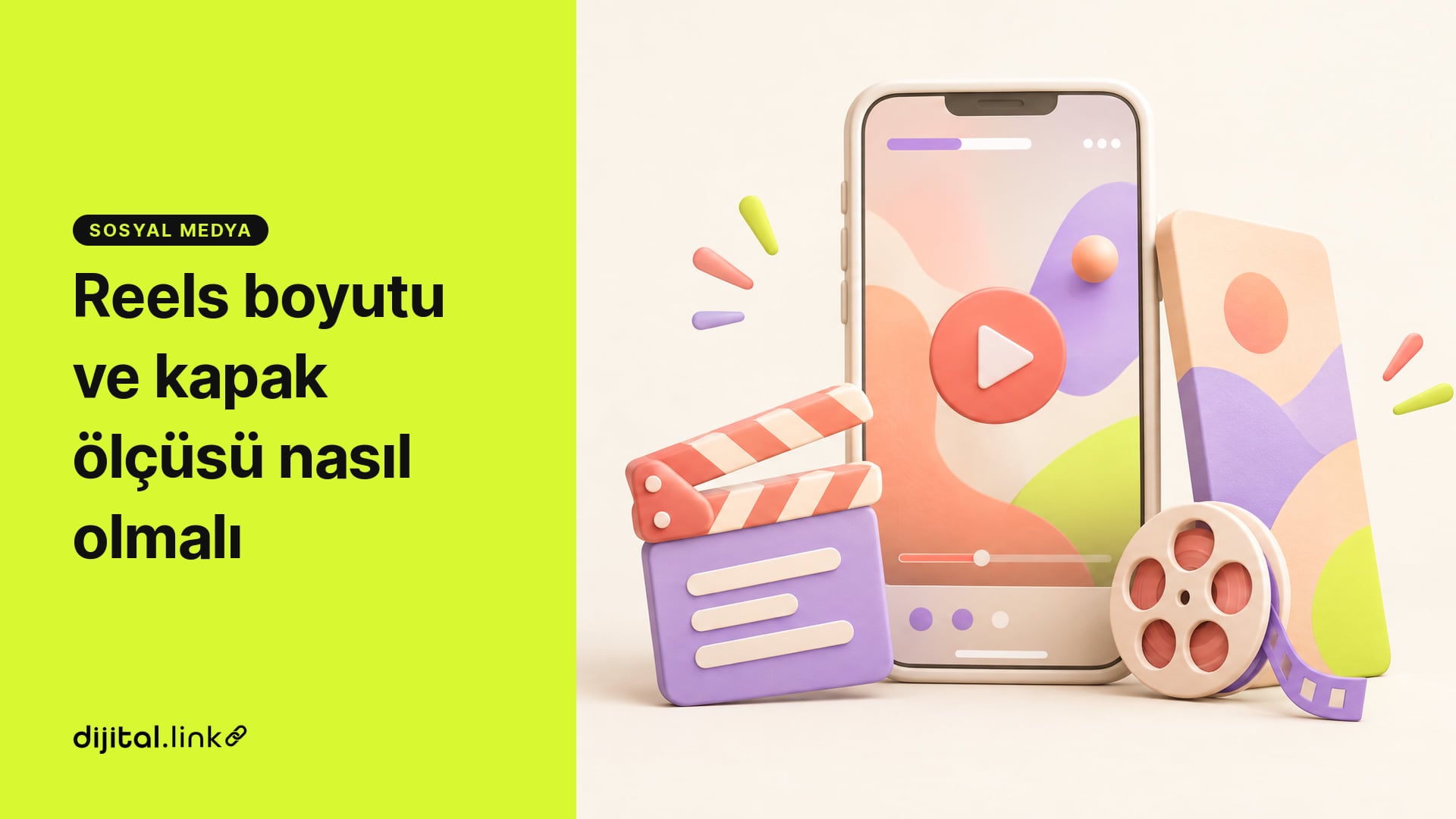Dikey video oynatılan telefon, yanında klaket, film makarası ve uzun dikey kapak kartı
