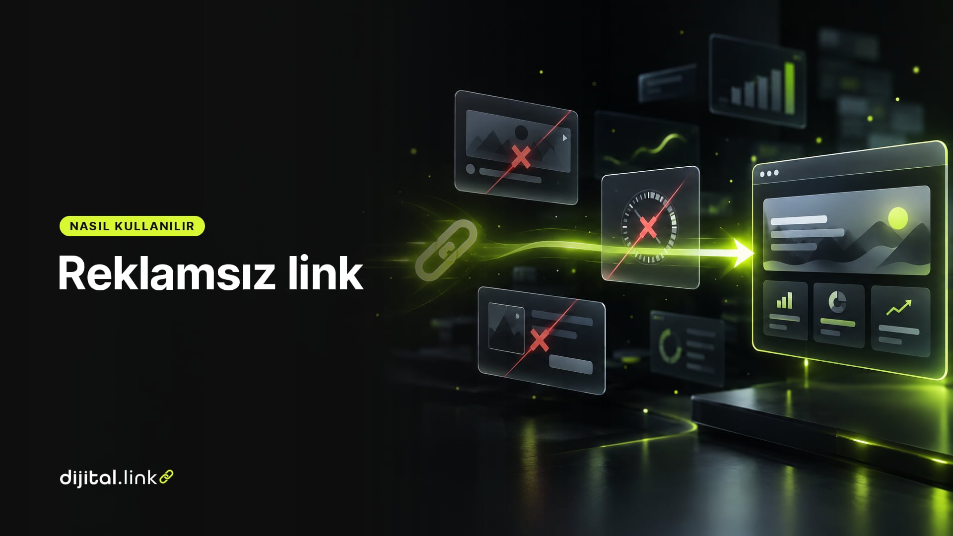 Bir kısa linkin araya giren reklam panellerini atlayarak doğrudan hedef sayfaya ulaştığını gösteren çizim