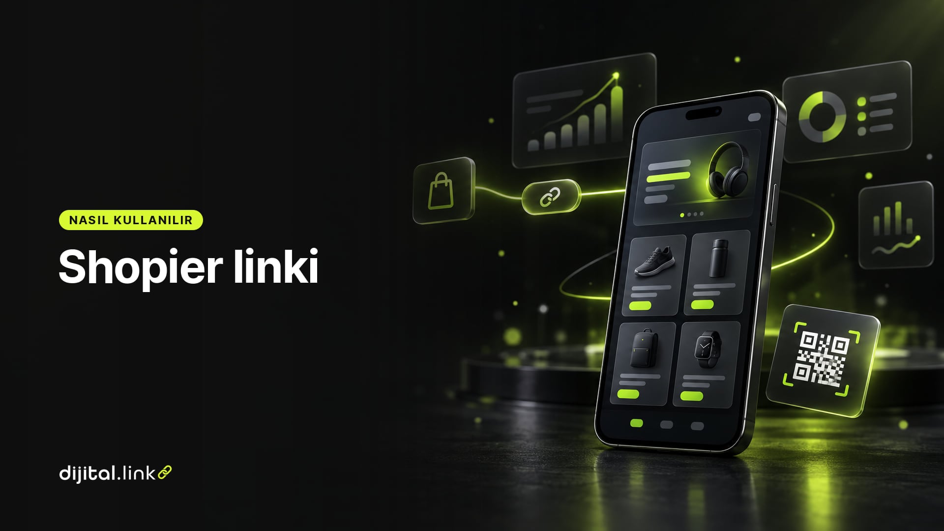 Bir alışveriş çantası simgesinden kısa bir link kapsülüne ve telefondaki ürün kartlarına uzanan ışık çizgisini gösteren çizim