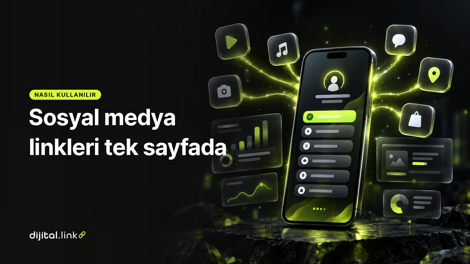 Farklı sosyal medya simgelerinden çıkan ışık çizgilerinin telefondaki tek bir bio link sayfasında birleştiğini gösteren çizim