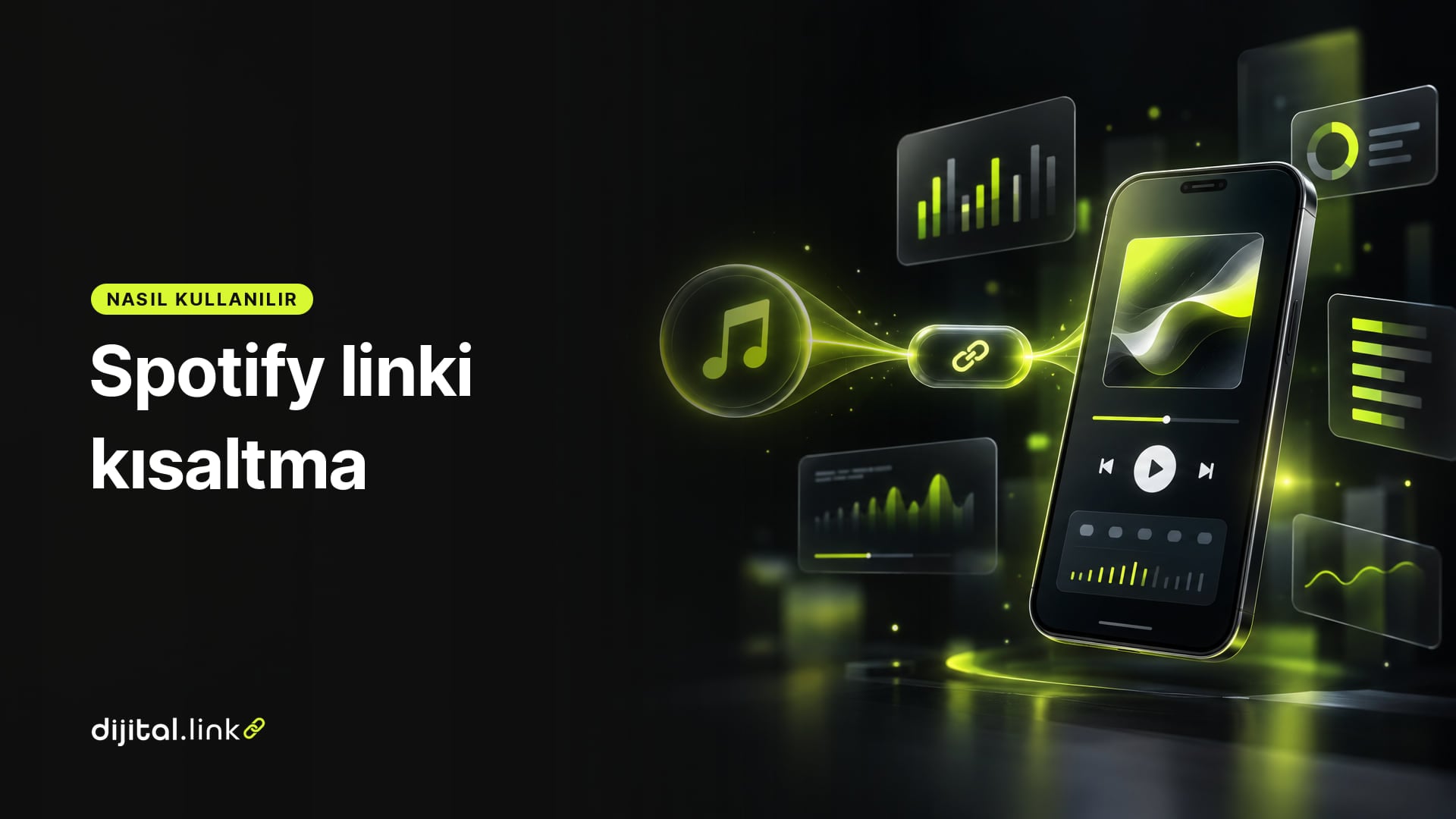Bir müzik notası simgesinden kısa bir link kapsülüne ve telefondaki müzik çalar ekranına uzanan ışık çizgisini gösteren çizim