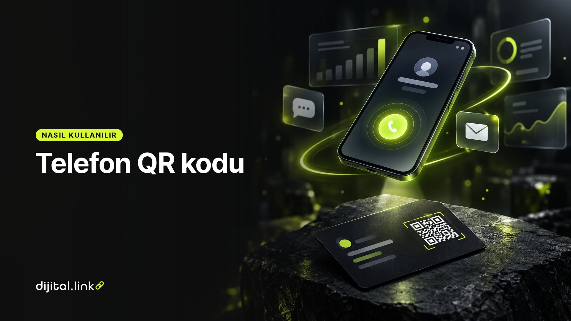 Bir kartvizitteki QR kodunu okutan telefonda arama ekranının açıldığını gösteren çizim