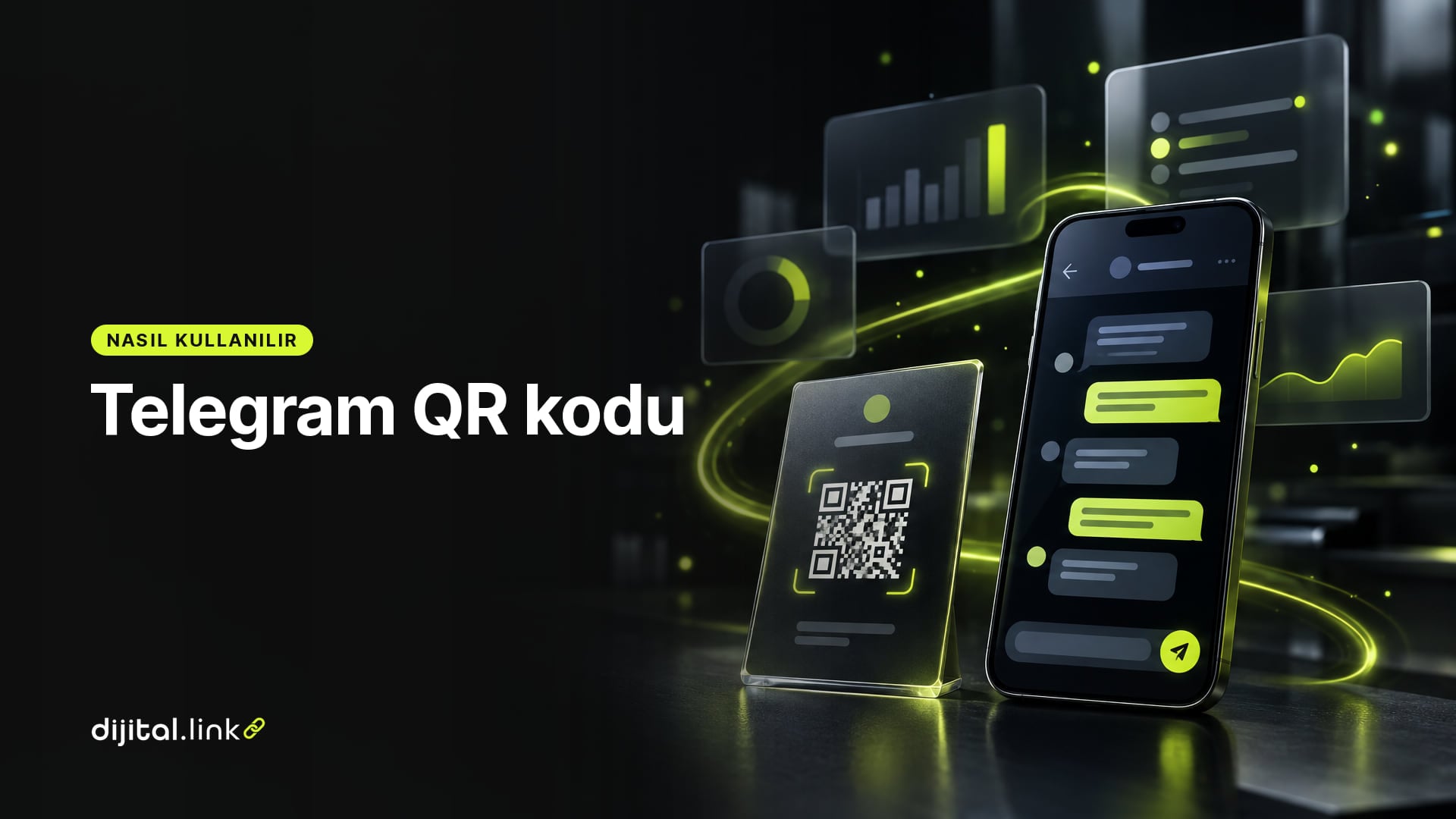 Bir masa kartındaki QR kodunu okutan telefonda bir mesajlaşma kanalının açıldığını gösteren çizim
