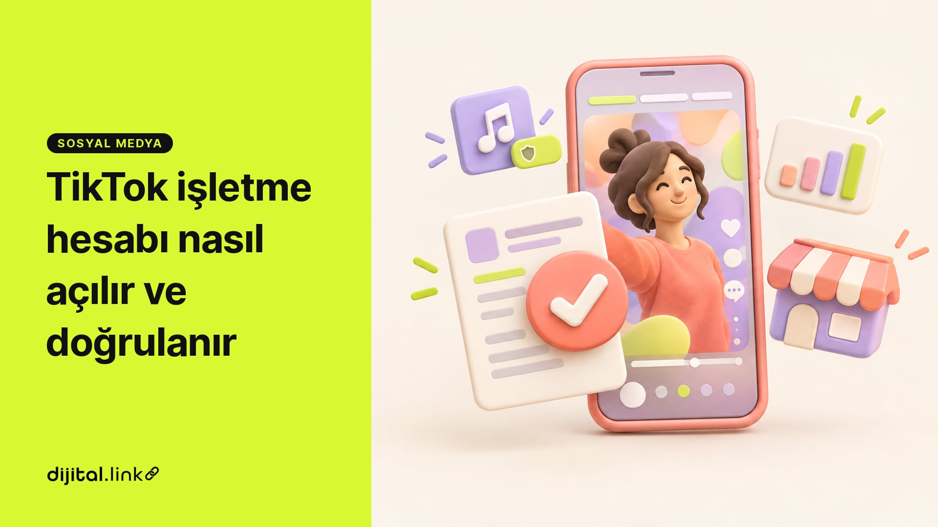Telefonda onaylanan işletme belgesi ve yanında müzik notası, analiz grafiği ve mağaza simgesi