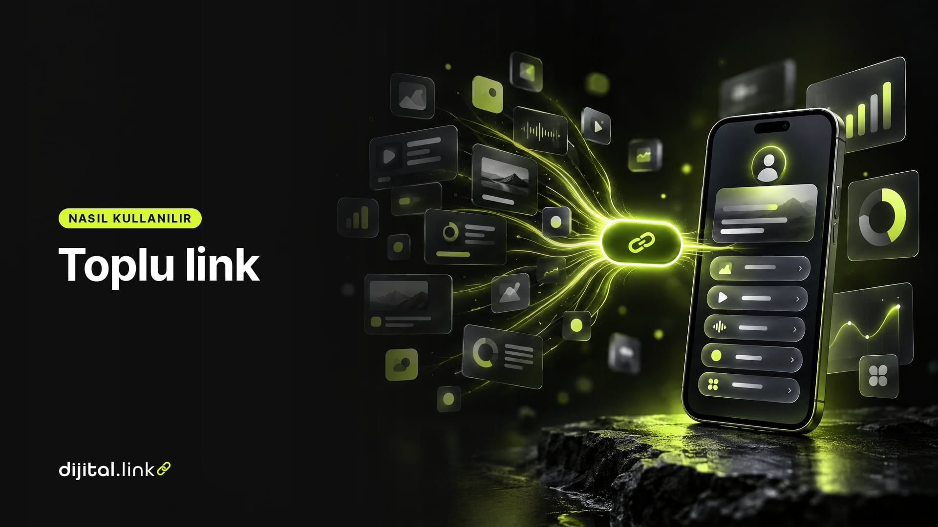Birçok küçük bağlantı kartının tek bir link kapsülünde toplandığını ve telefondaki bio link sayfasına aktığını gösteren çizim