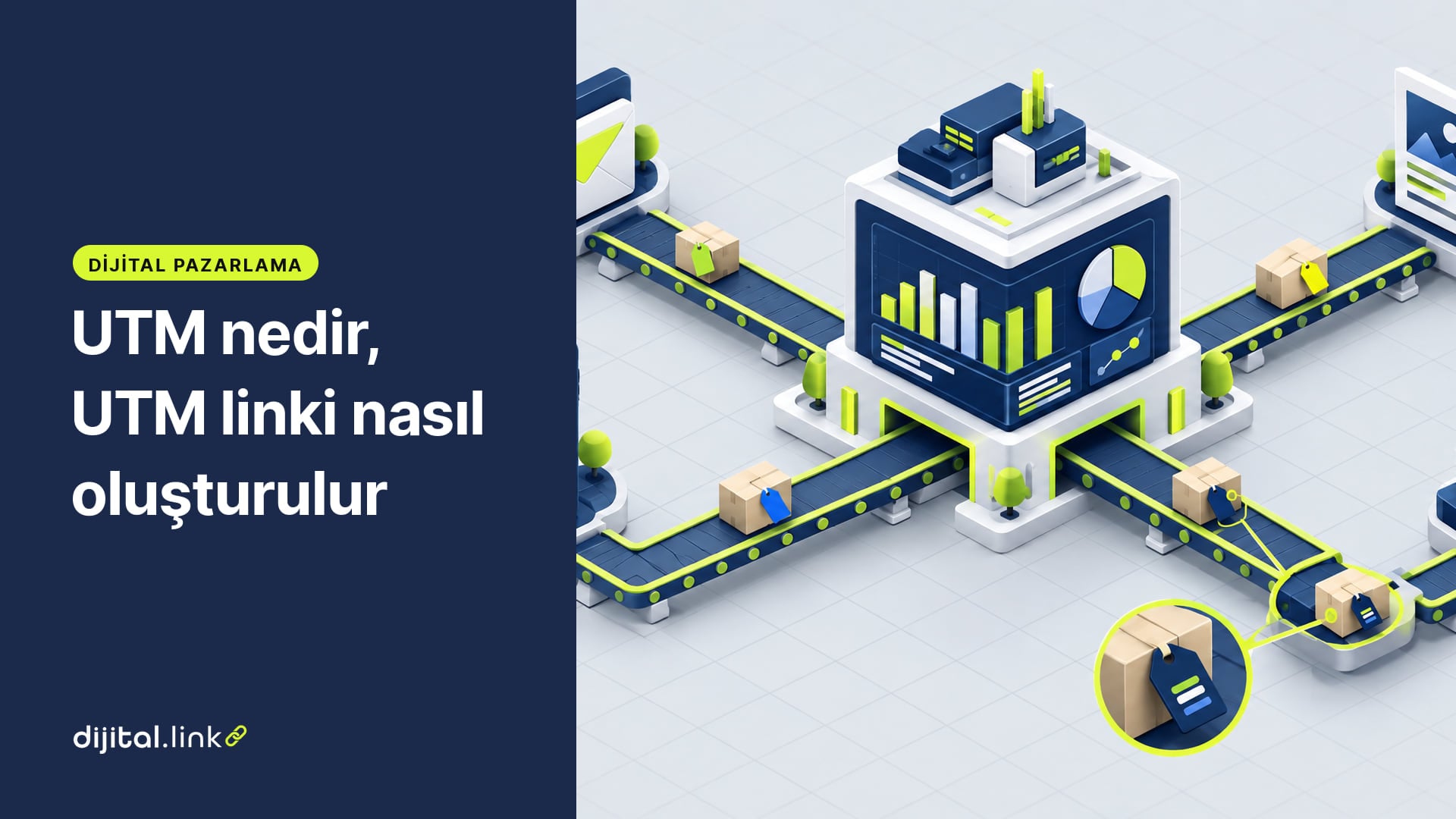 Farklı kanallardan gelen etiketli paketlerin tek bir analiz panosunda toplandığı izometrik çizim