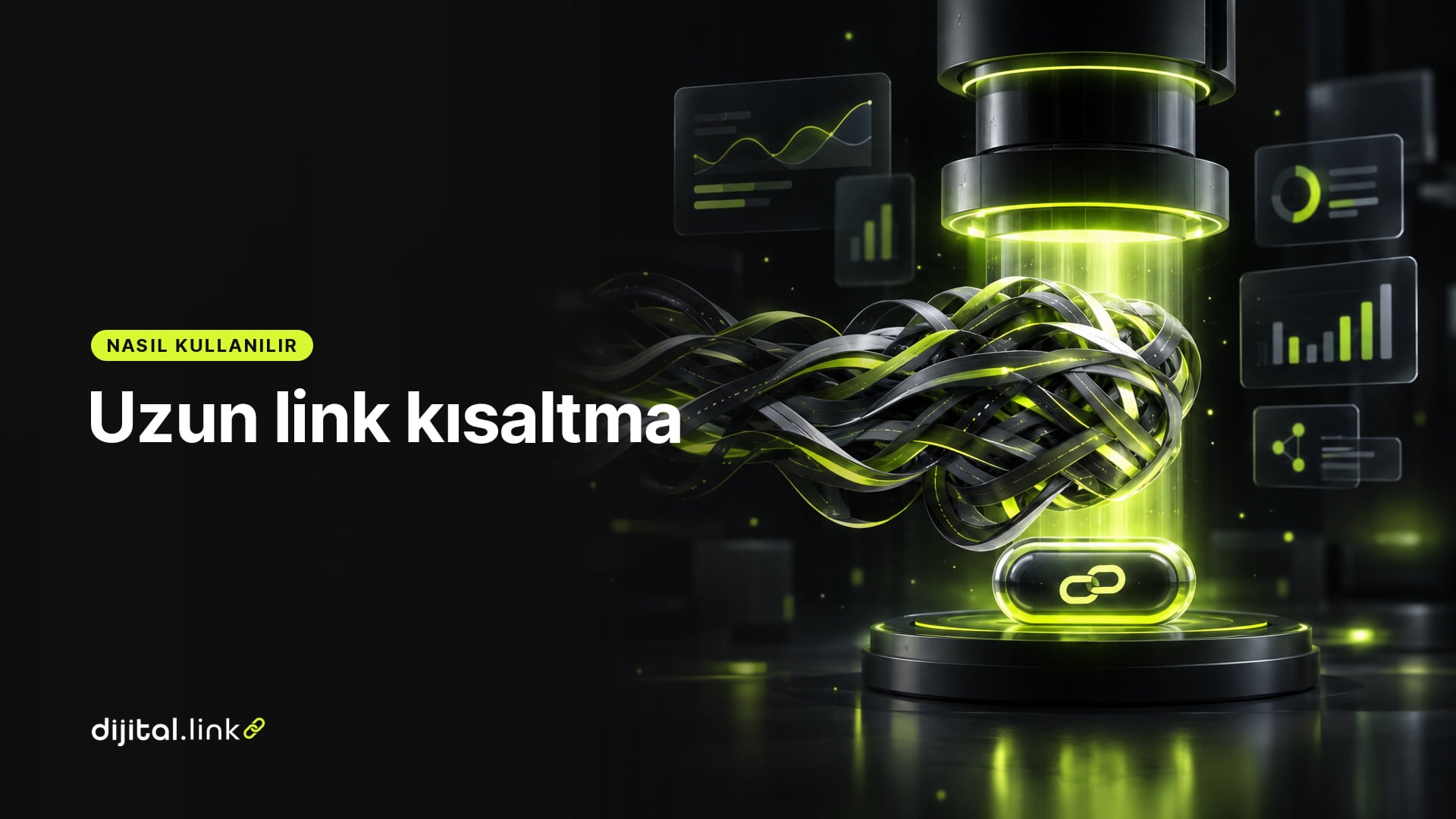 Uzun ve karmaşık bir adres şeridinin kısa ve parlayan bir linke sıkıştırıldığını gösteren çizim