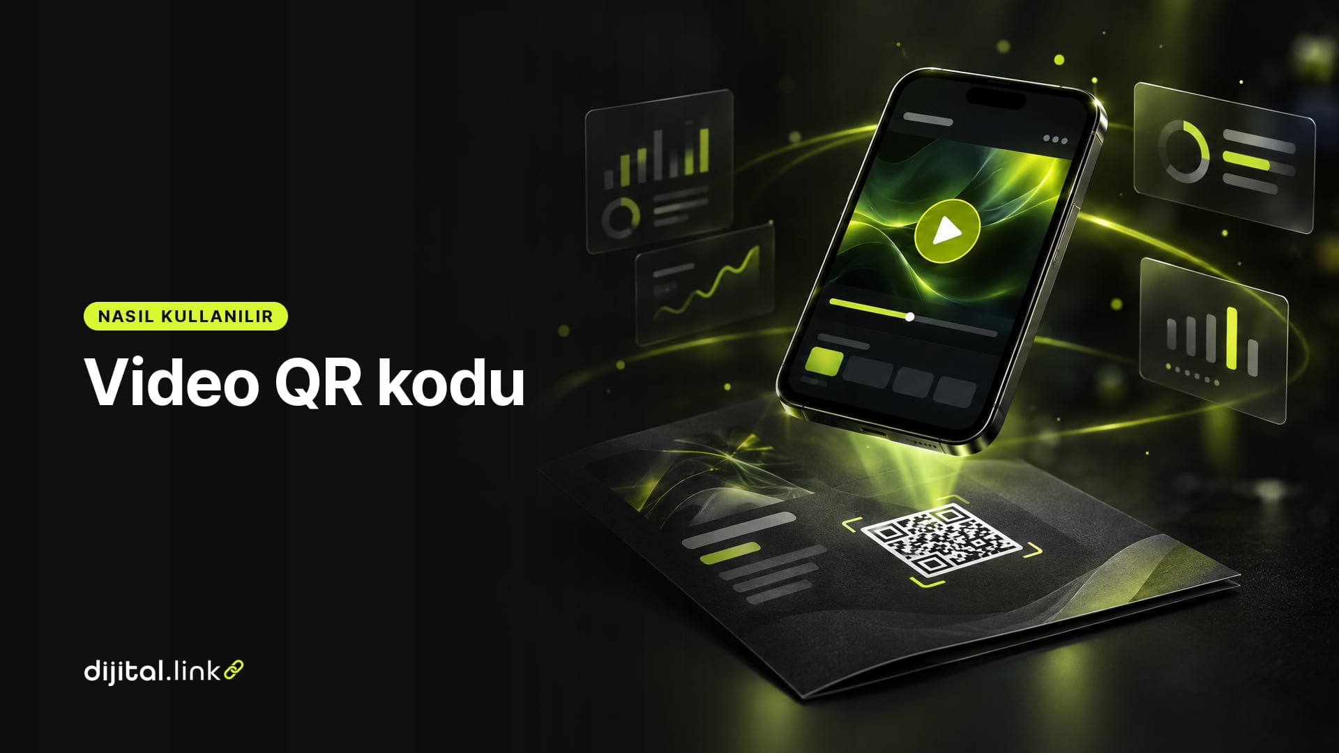 Bir broşürdeki QR kodunu okutan telefonda oynatma düğmeli bir video ekranının açıldığını gösteren çizim