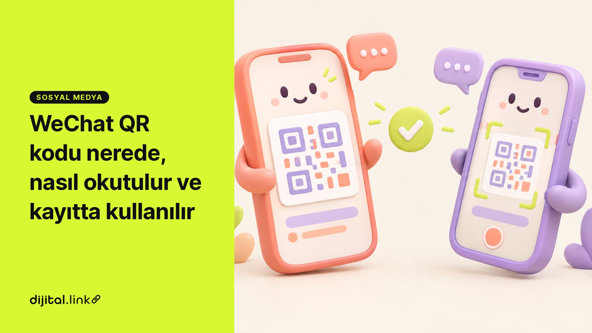 İki telefon arasında okutulan kare bir kod kartı, yanında sohbet balonları ve onay işareti