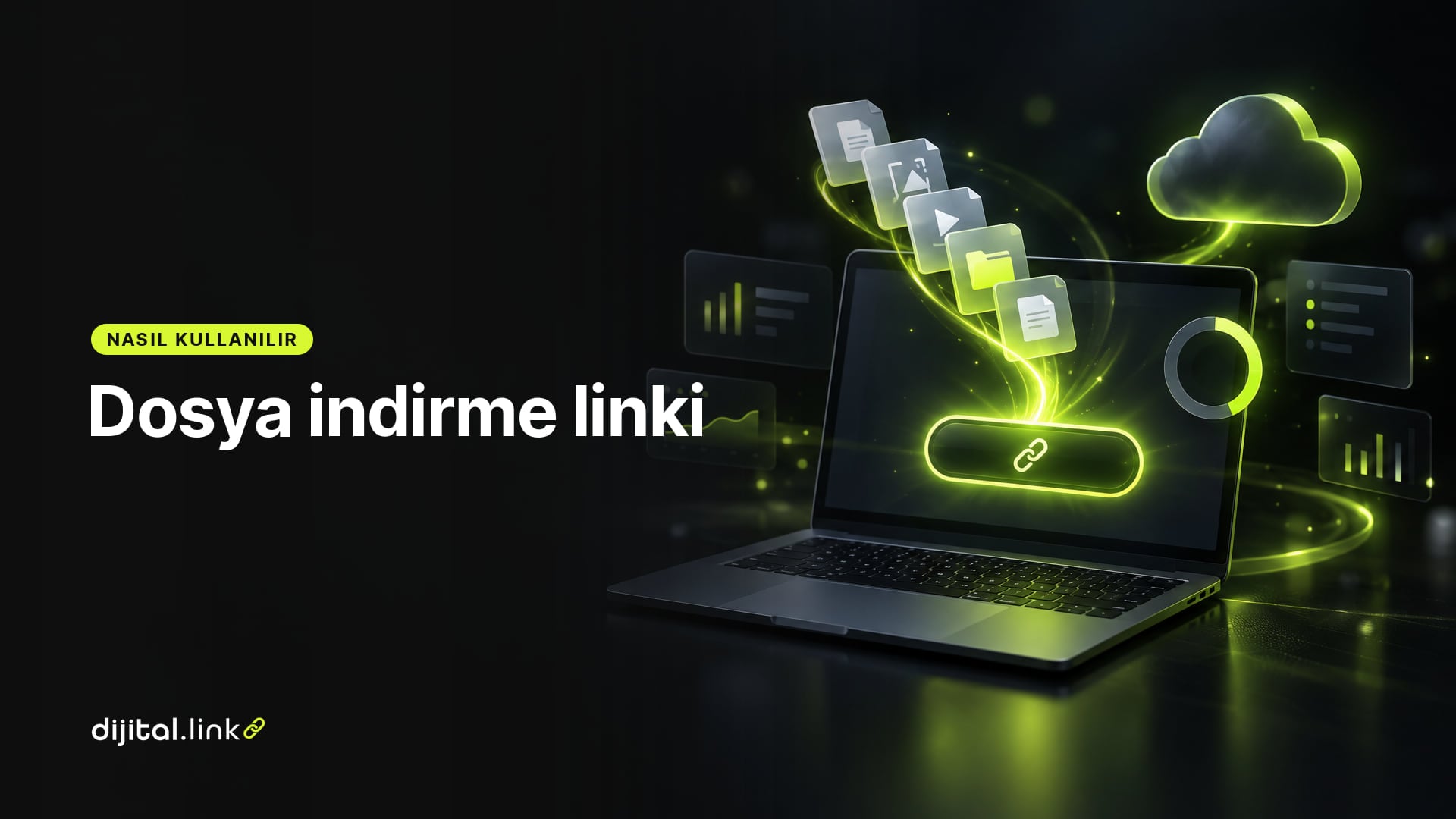 Bilgisayardan yüklenen dosyaların parlayan bir indirme linkine ve kısa linke dönüştüğünü gösteren çizim