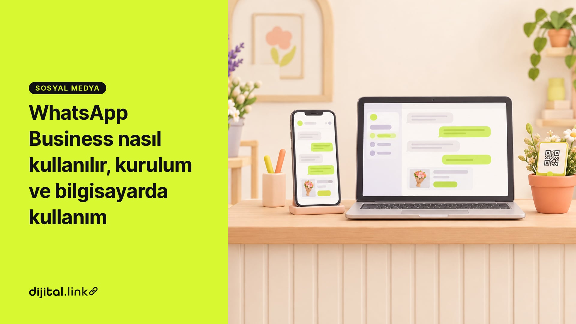Bir çiçekçinin tezgahında telefonda işletme sohbetleri ve yanında açık dizüstü bilgisayarda aynı mesaj ekranı
