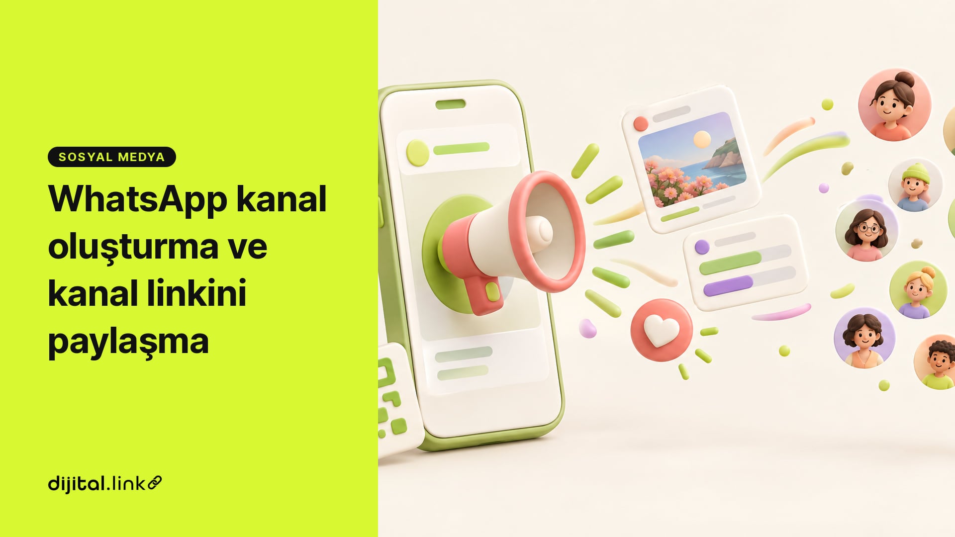 Telefon ekranından çıkan bir megafon, fotoğraf, anket ve kalp kartlarını bir grup takipçi avatarına doğru gönderiyor