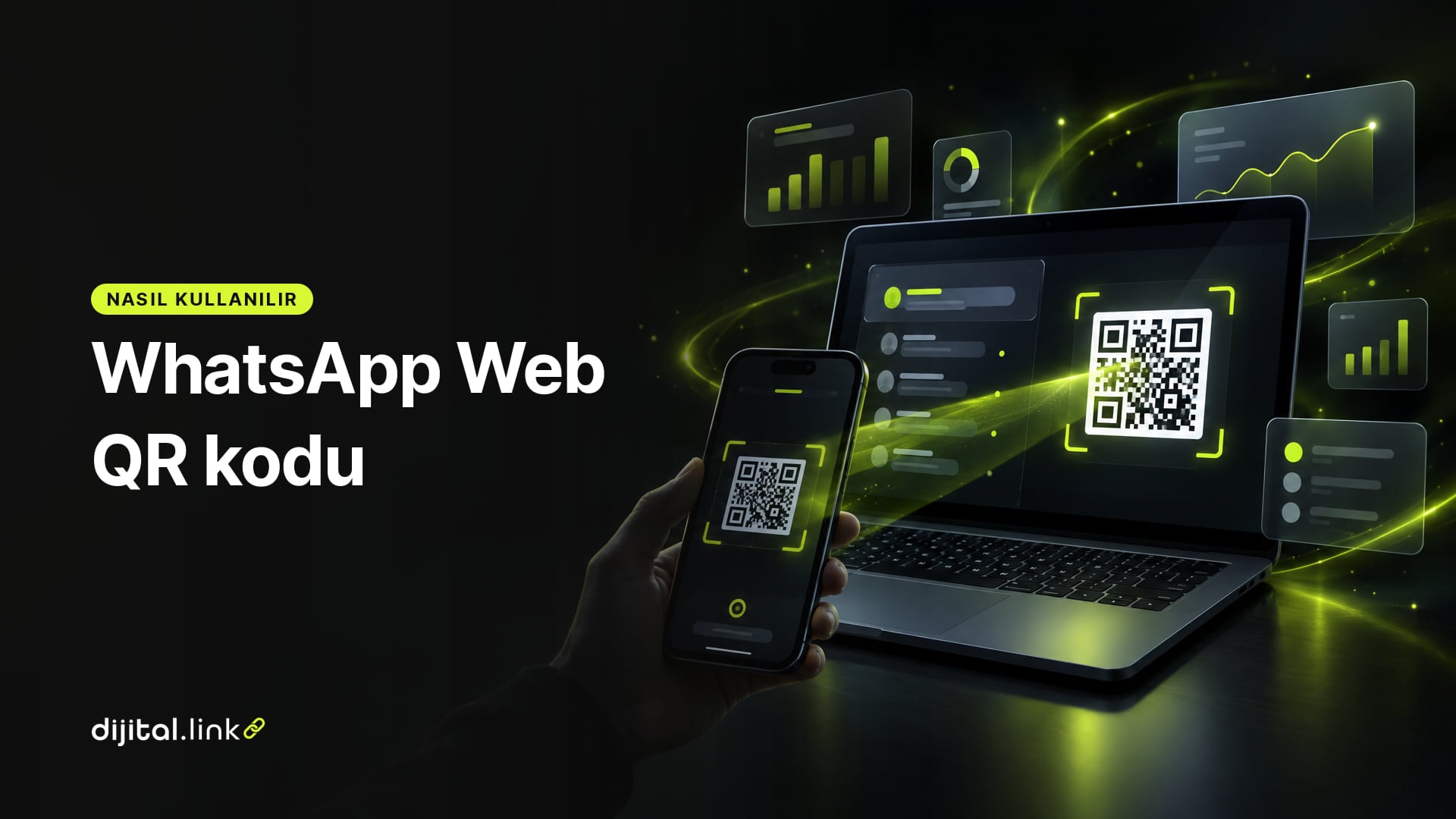 Bilgisayar ekranındaki QR kodunu tarayan telefonun sohbet ekranını bilgisayara bağladığını gösteren çizim