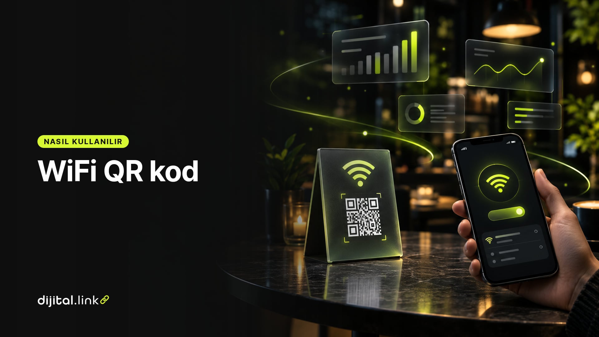 Bir kafe masasındaki WiFi sembollü QR kartını okutan telefonun ağa bağlandığını gösteren çizim